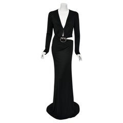 2004 Gucci by Tom Ford Black Silk Jersey Plunge Long Sleeve Cut-Out Finale Gown