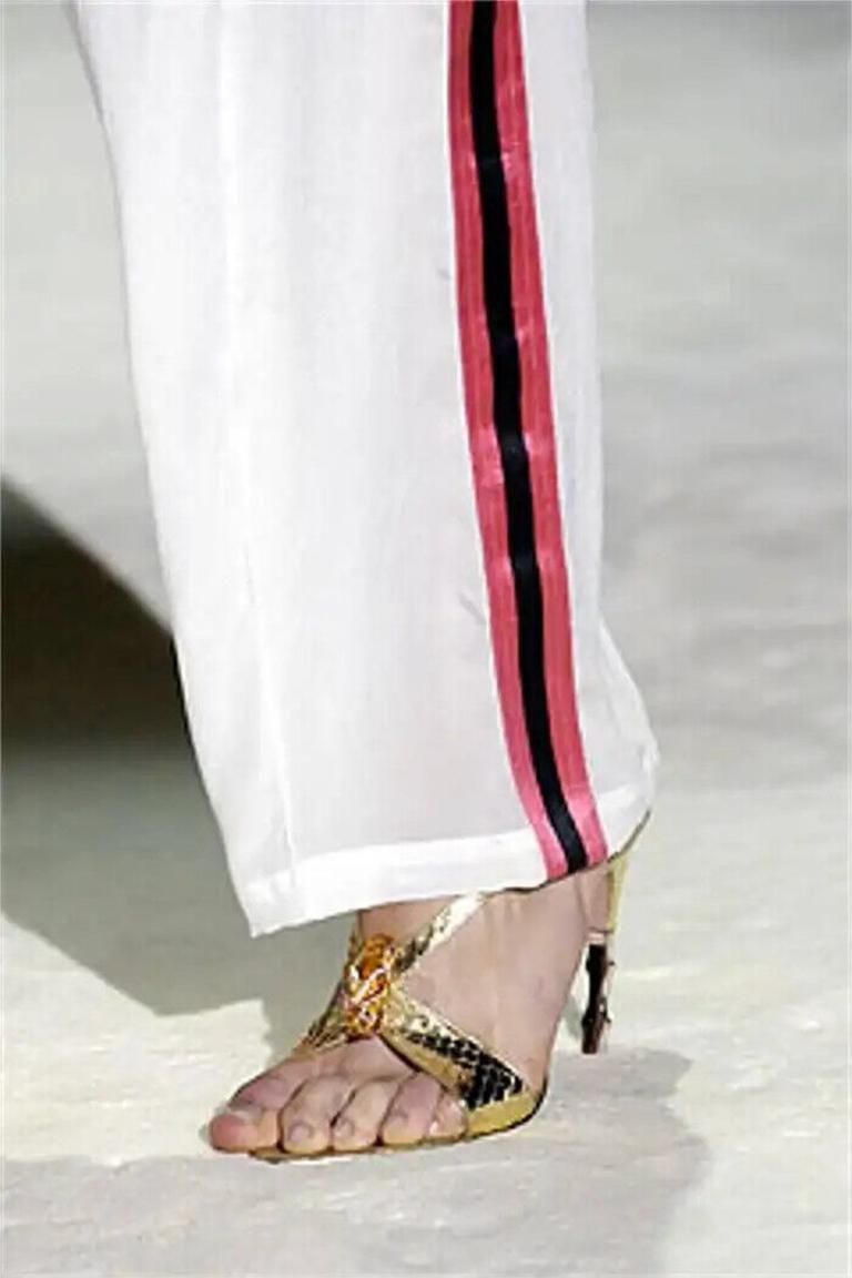 Women's 2004 Gucci by Tom Ford Gold Heeled Sandals with Metal Snake Head and Bamboo Heel For Sale