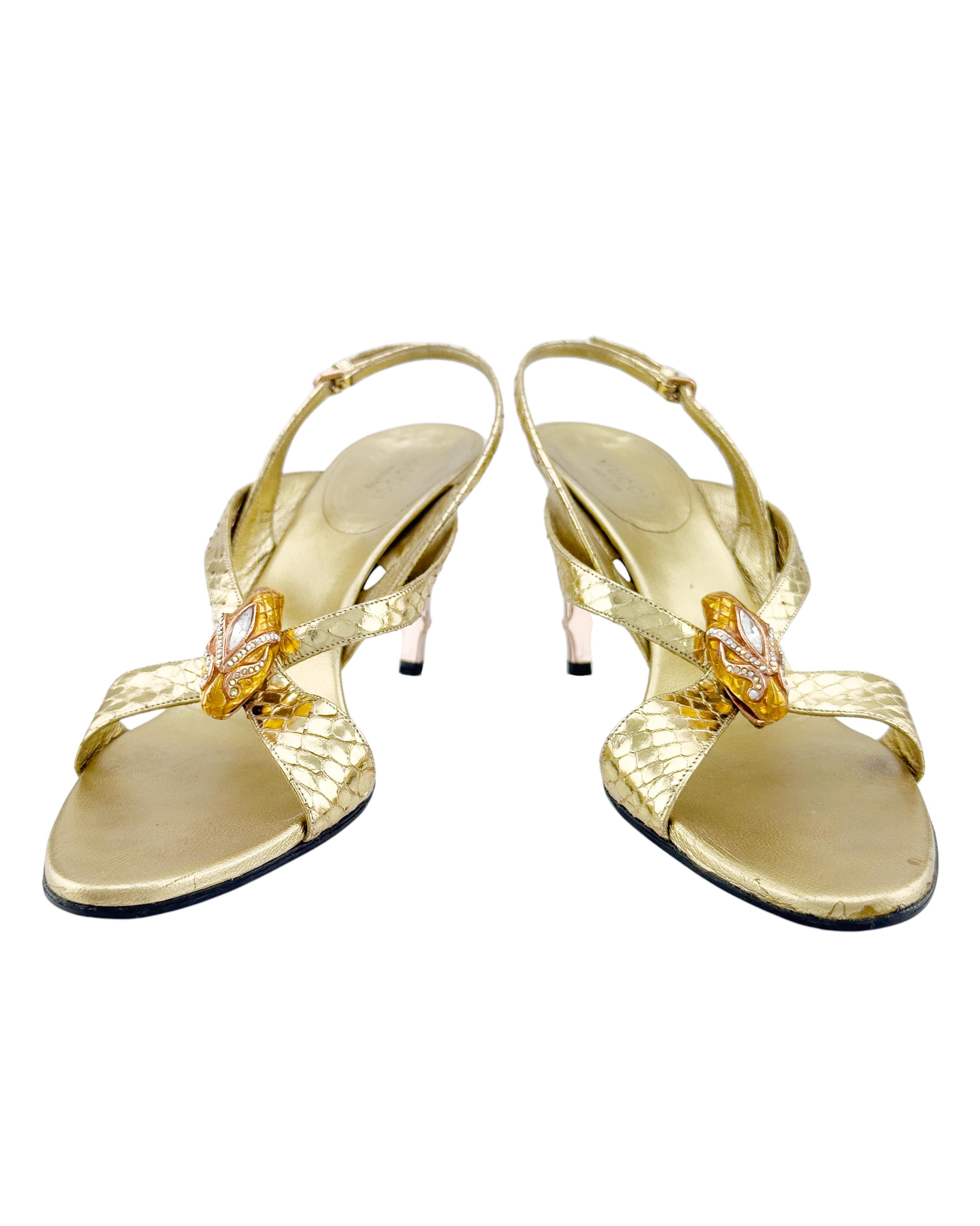 2004 Gucci by Tom Ford Gold Heeled Sandals with Metal Snake Head and Bamboo Heel For Sale 2