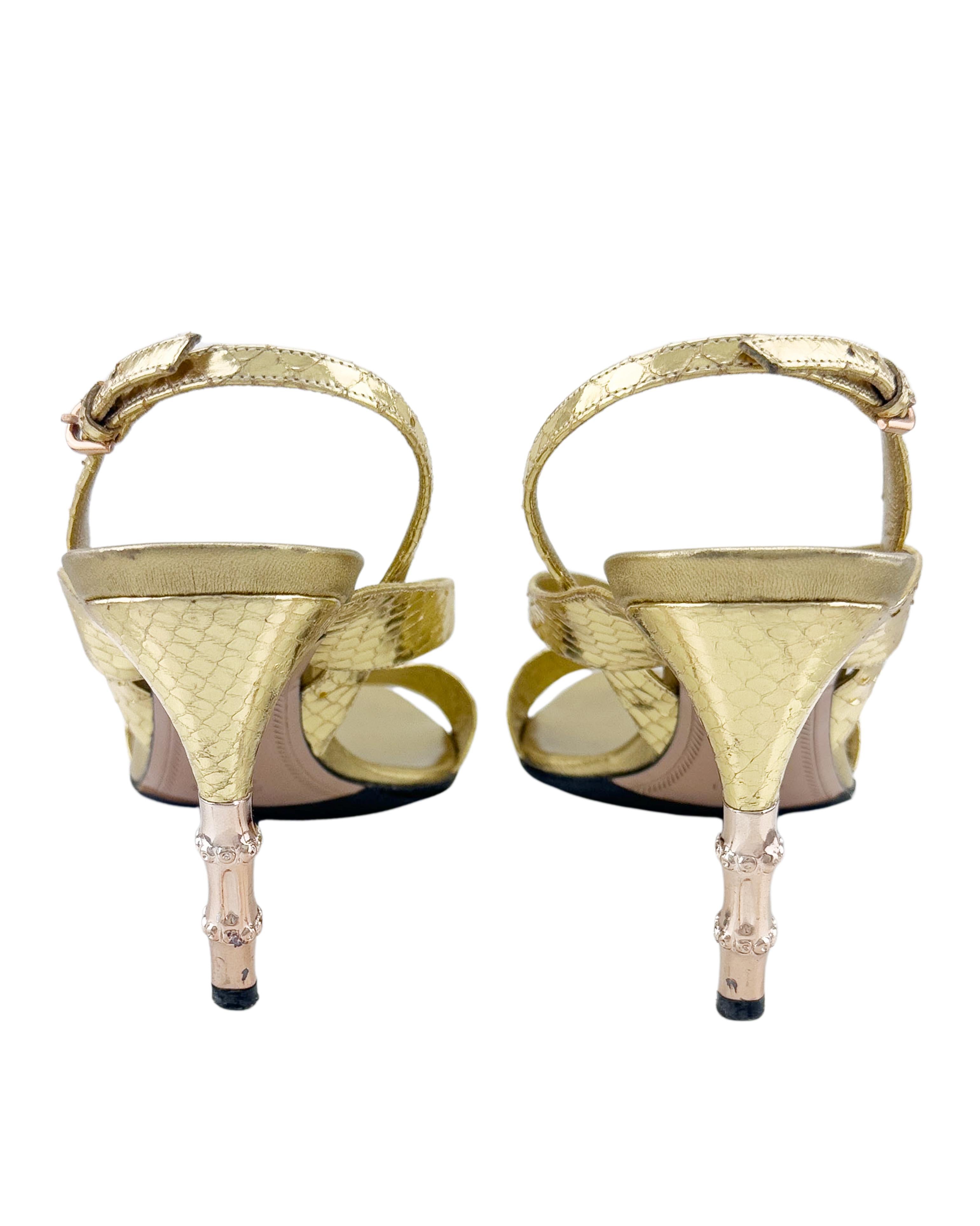 2004 Gucci by Tom Ford Gold Heeled Sandals with Metal Snake Head and Bamboo Heel For Sale 3