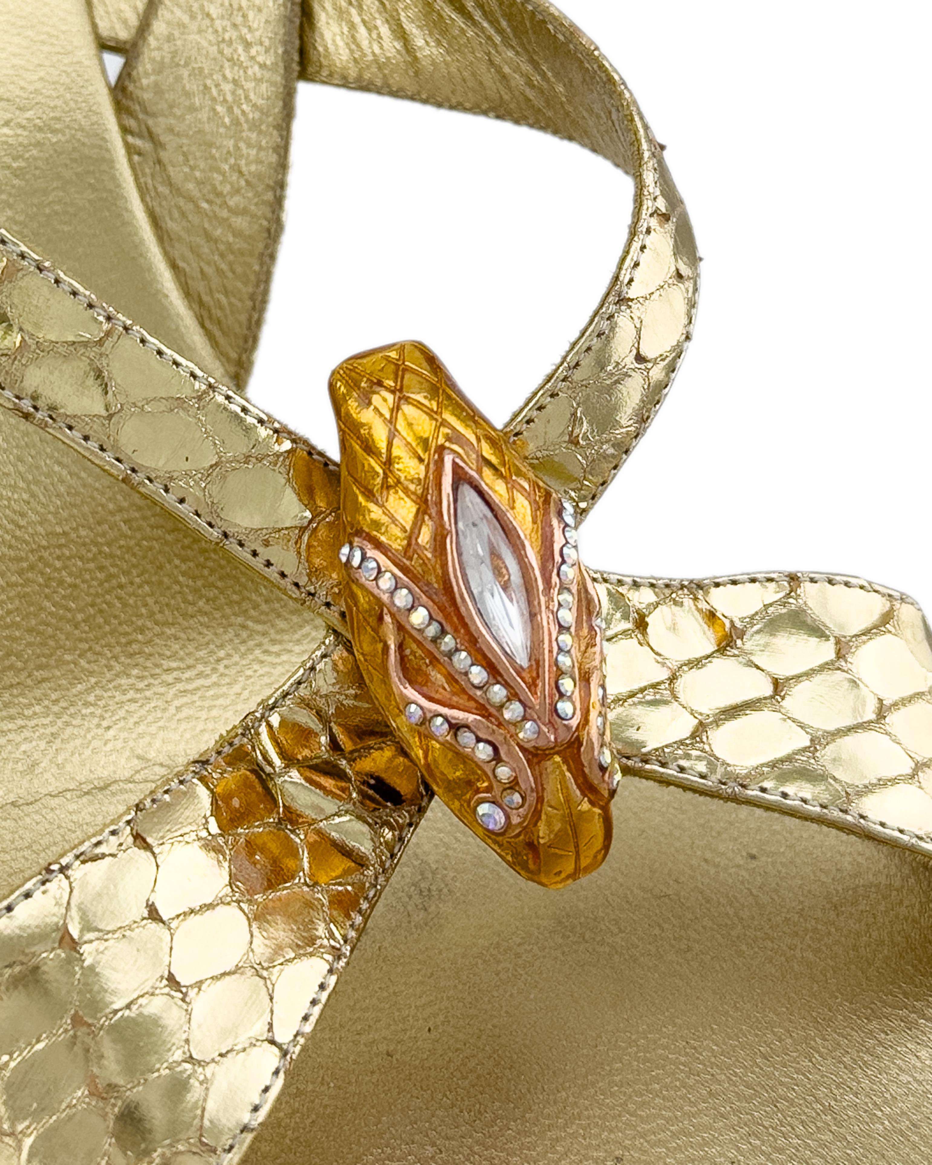 2004 Gucci by Tom Ford Gold Heeled Sandals with Metal Snake Head and Bamboo Heel For Sale 4