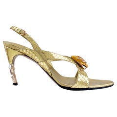 2004 Gucci by Tom Ford Gold Heeled Sandals with Metal Snake Head and Bamboo Heel