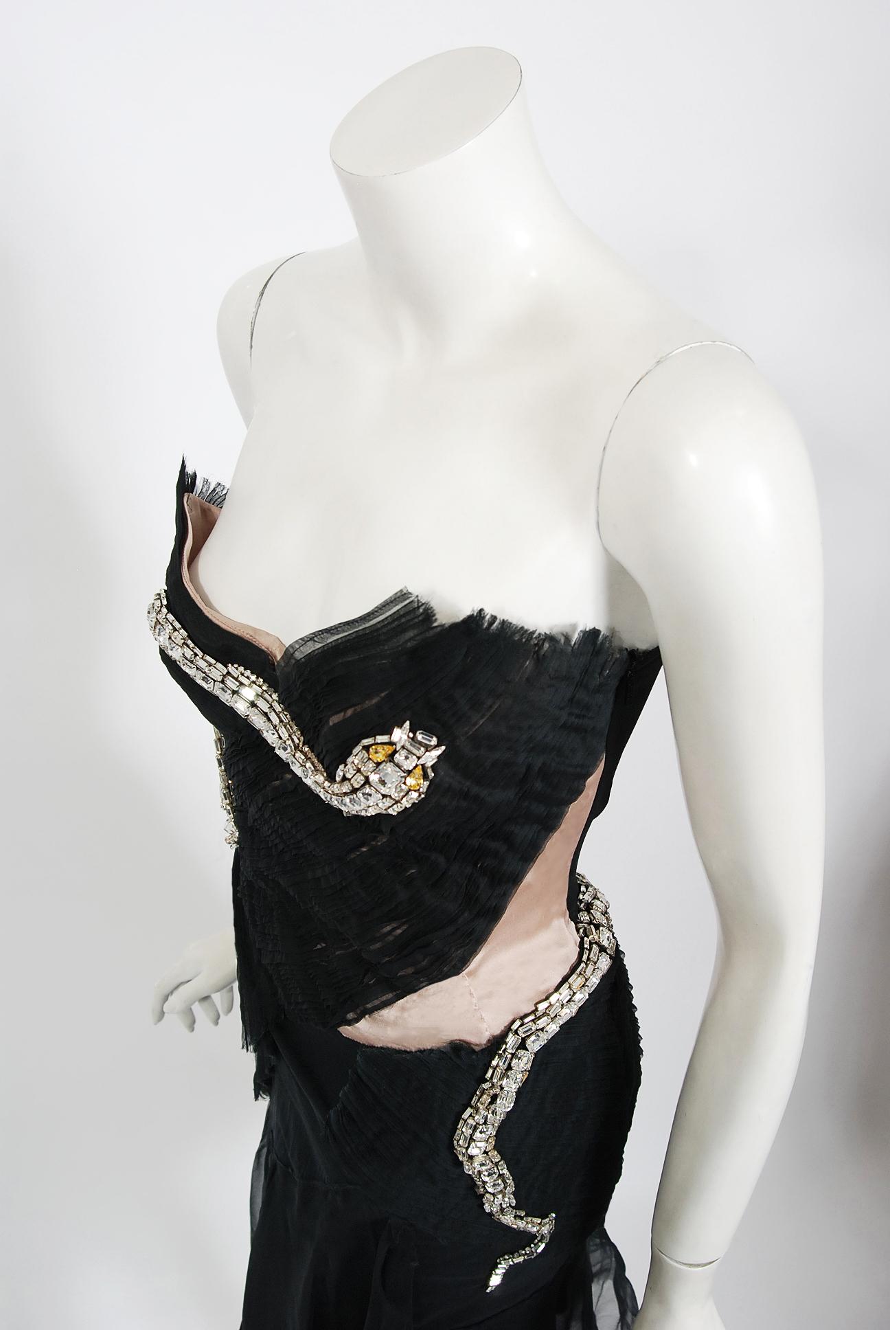 Vintage 2004 Gucci by Tom Ford Rare Runway Black Silk Crystal-Snake Finale Dress In Good Condition For Sale In Beverly Hills, CA