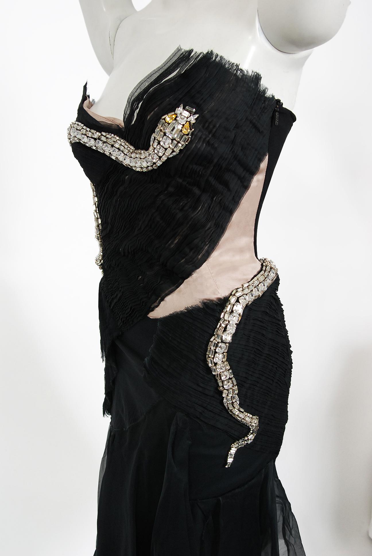 Vintage 2004 Gucci by Tom Ford Rare Runway Black Silk Crystal-Snake Finale Dress For Sale 1