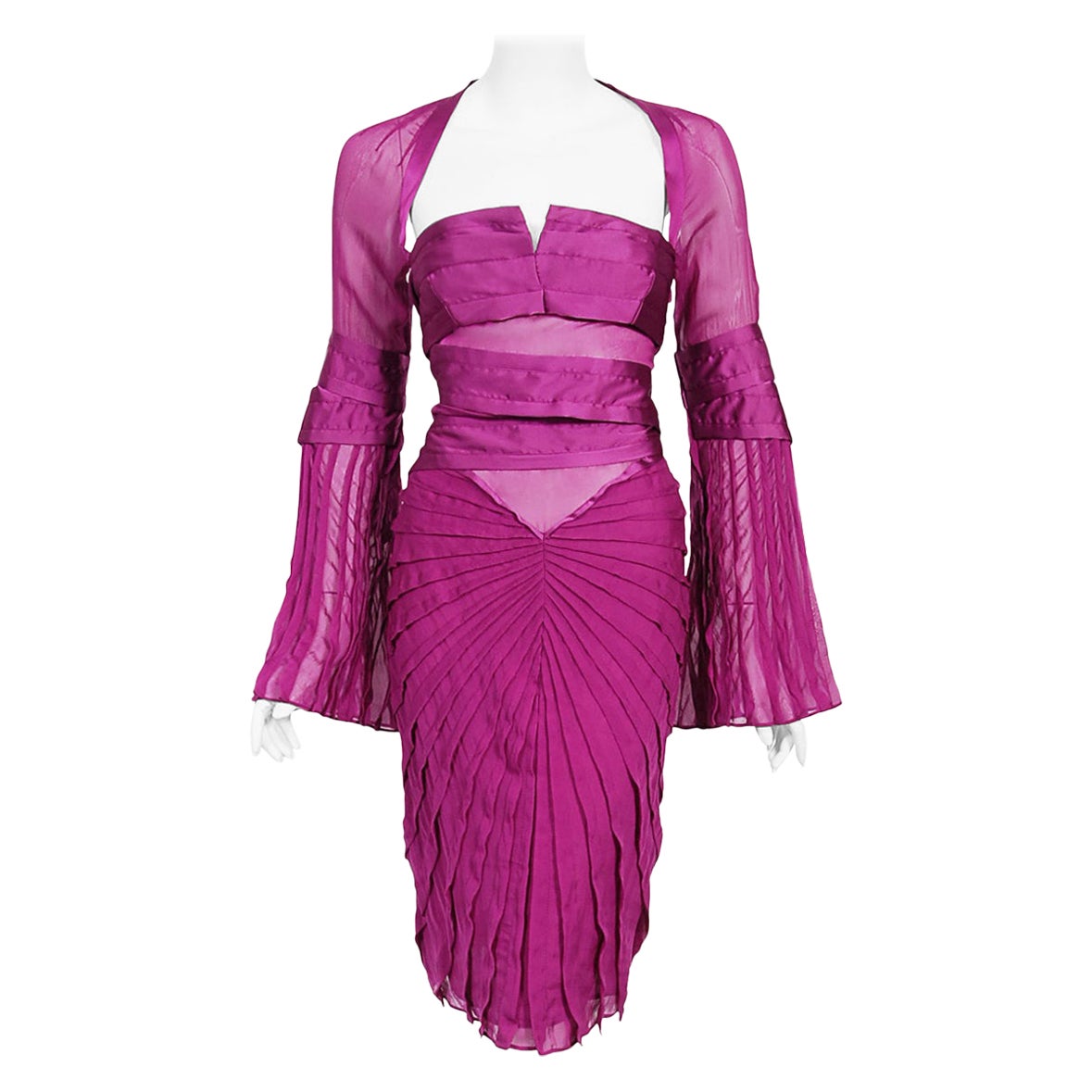 2004 Gucci by Tom Ford Runway Pleated Purple Silk Bell Sleeve Cut-Out Dress For Sale