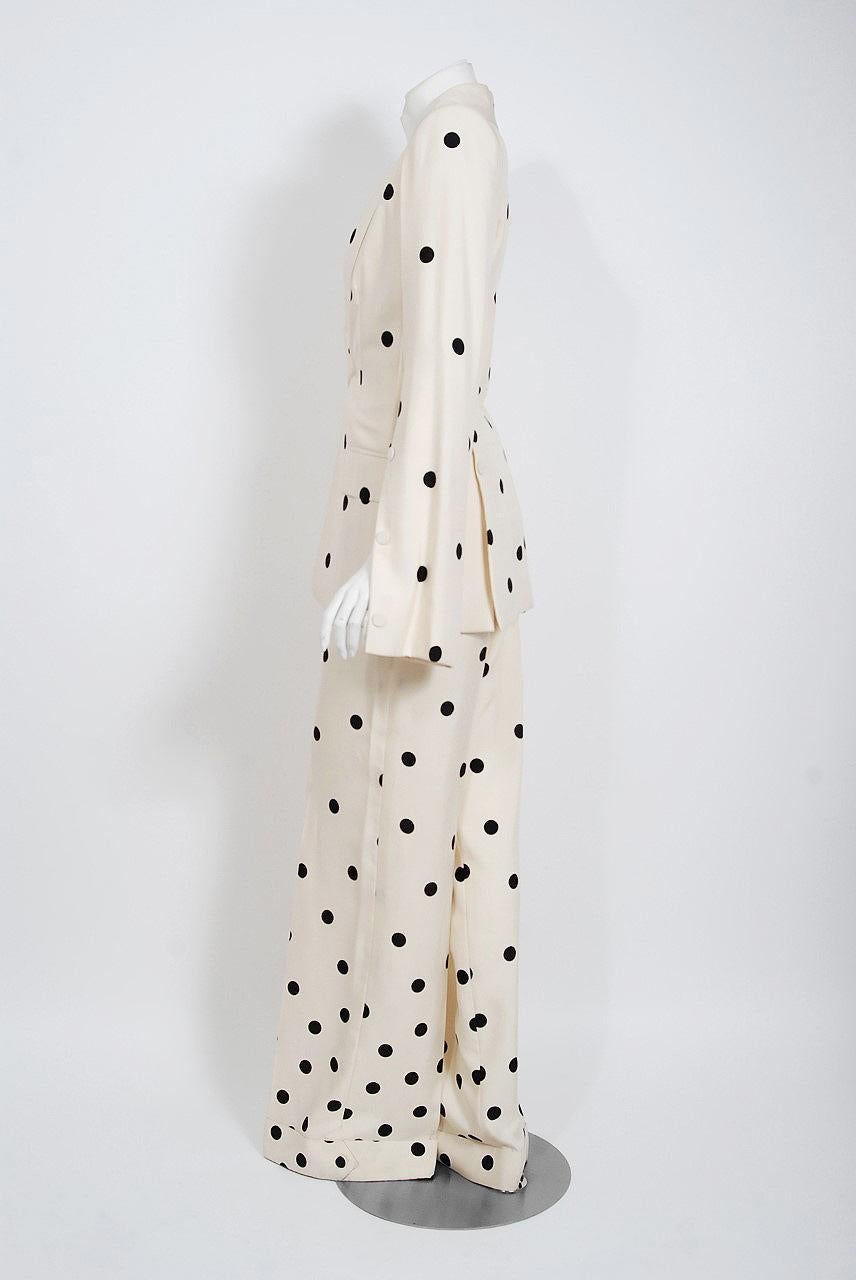 2004 Jean-Louis Scherrer Couture Ivory Polka Dot Silk Split-Sleeve Jacket Suit 5