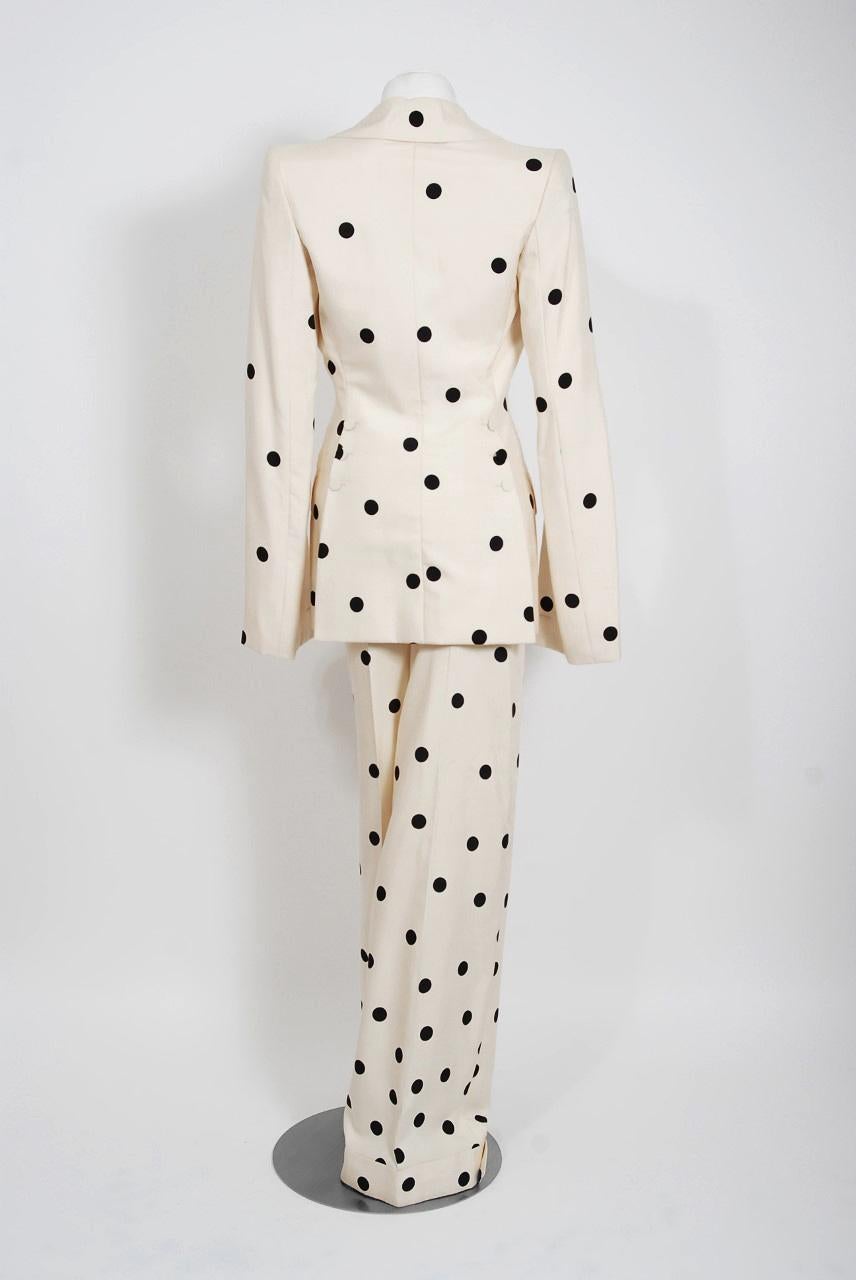 2004 Jean-Louis Scherrer Couture Ivory Polka Dot Silk Split-Sleeve Jacket Suit 6