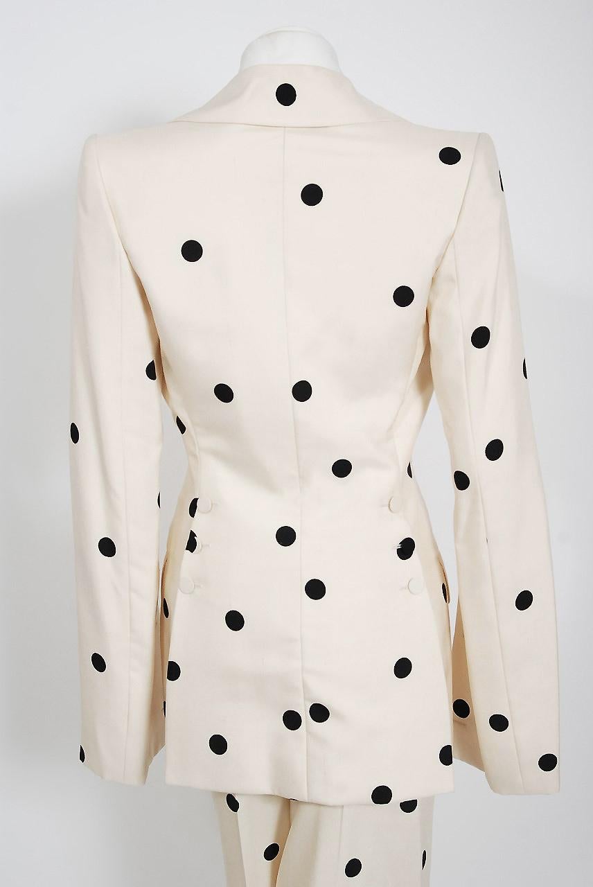 2004 Jean-Louis Scherrer Couture Ivory Polka Dot Silk Split-Sleeve Jacket Suit 7