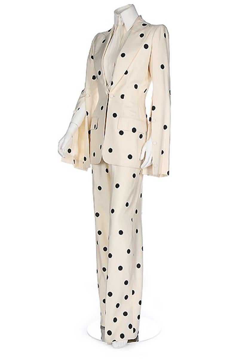 Gorgeous documented polka-dot silk three piece suit by the famous Jean-Louis Scherrer label. At the age of 31, Stephane Rolland took over as Artistic Director for the Jean Louis Scherrer Haute Couture atelier, making him the youngest couturiers at