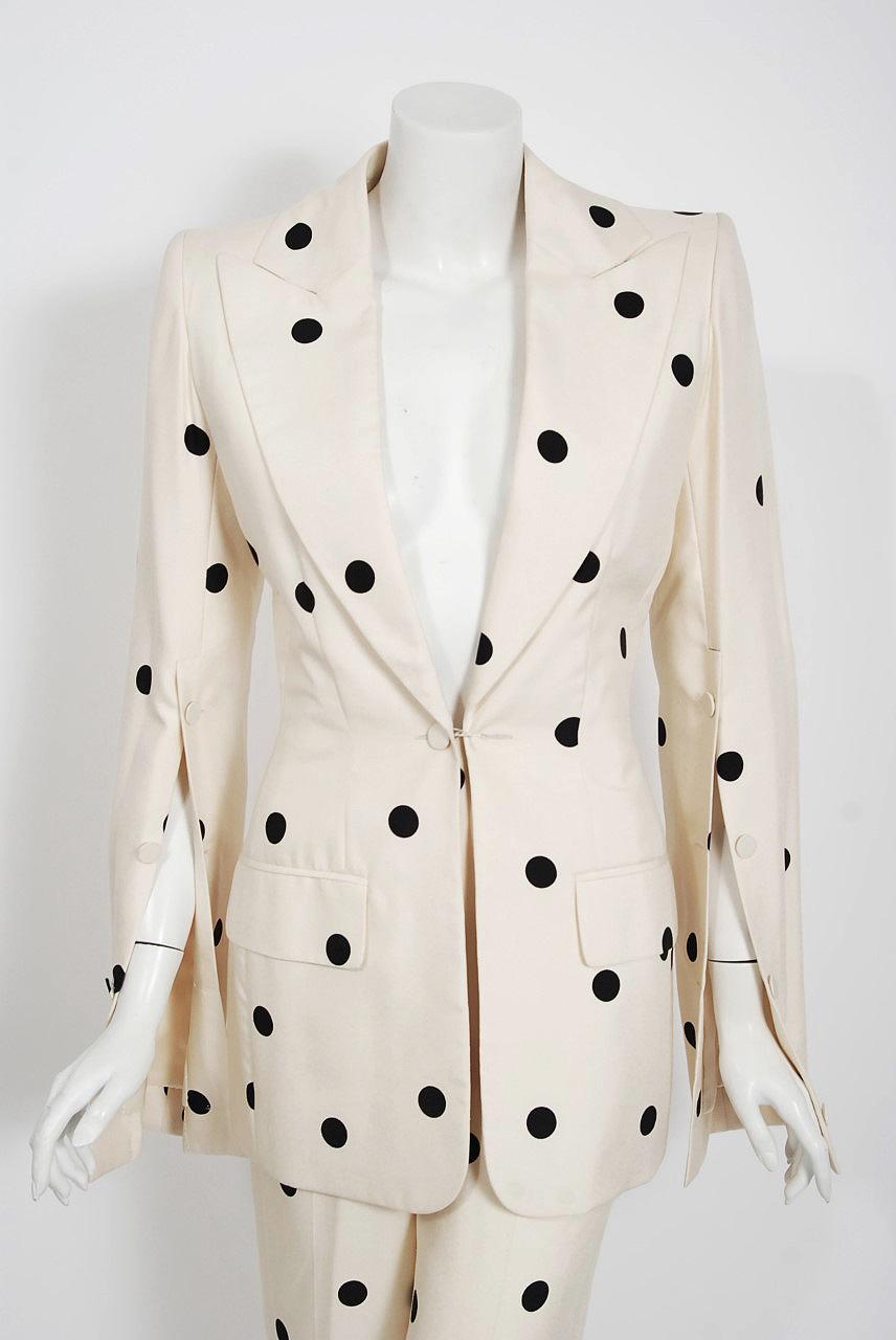 Women's 2004 Jean-Louis Scherrer Couture Ivory Polka Dot Silk Split-Sleeve Jacket Suit