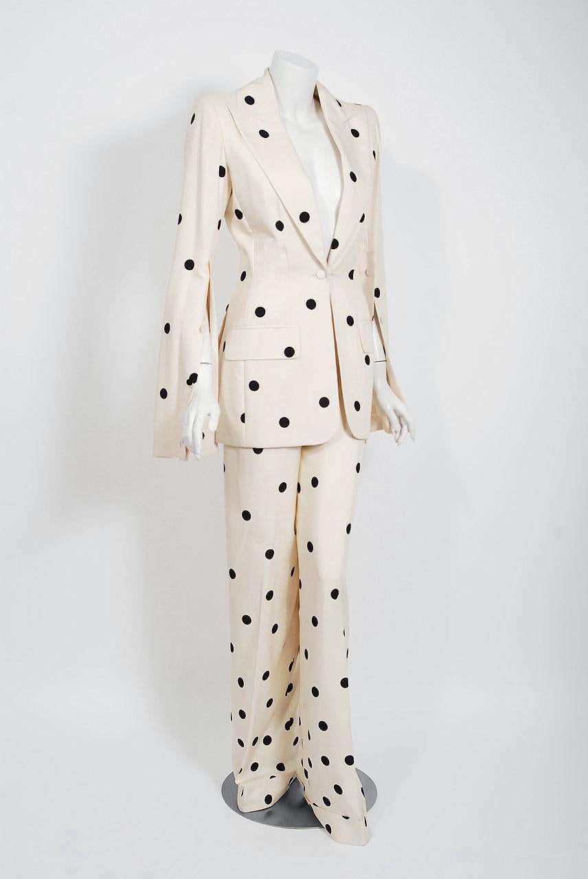 2004 Jean-Louis Scherrer Couture Ivory Polka Dot Silk Split-Sleeve Jacket Suit 3