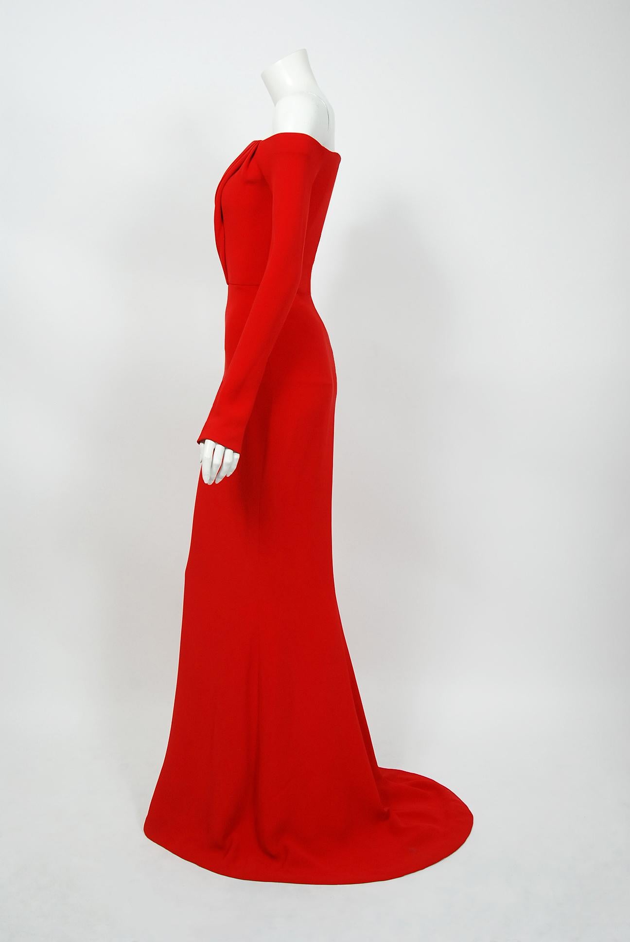 Vintage 2004 Jean-Louis Scherrer Couture Red Silk Off-Shoulder Trained Gown In Good Condition In Beverly Hills, CA