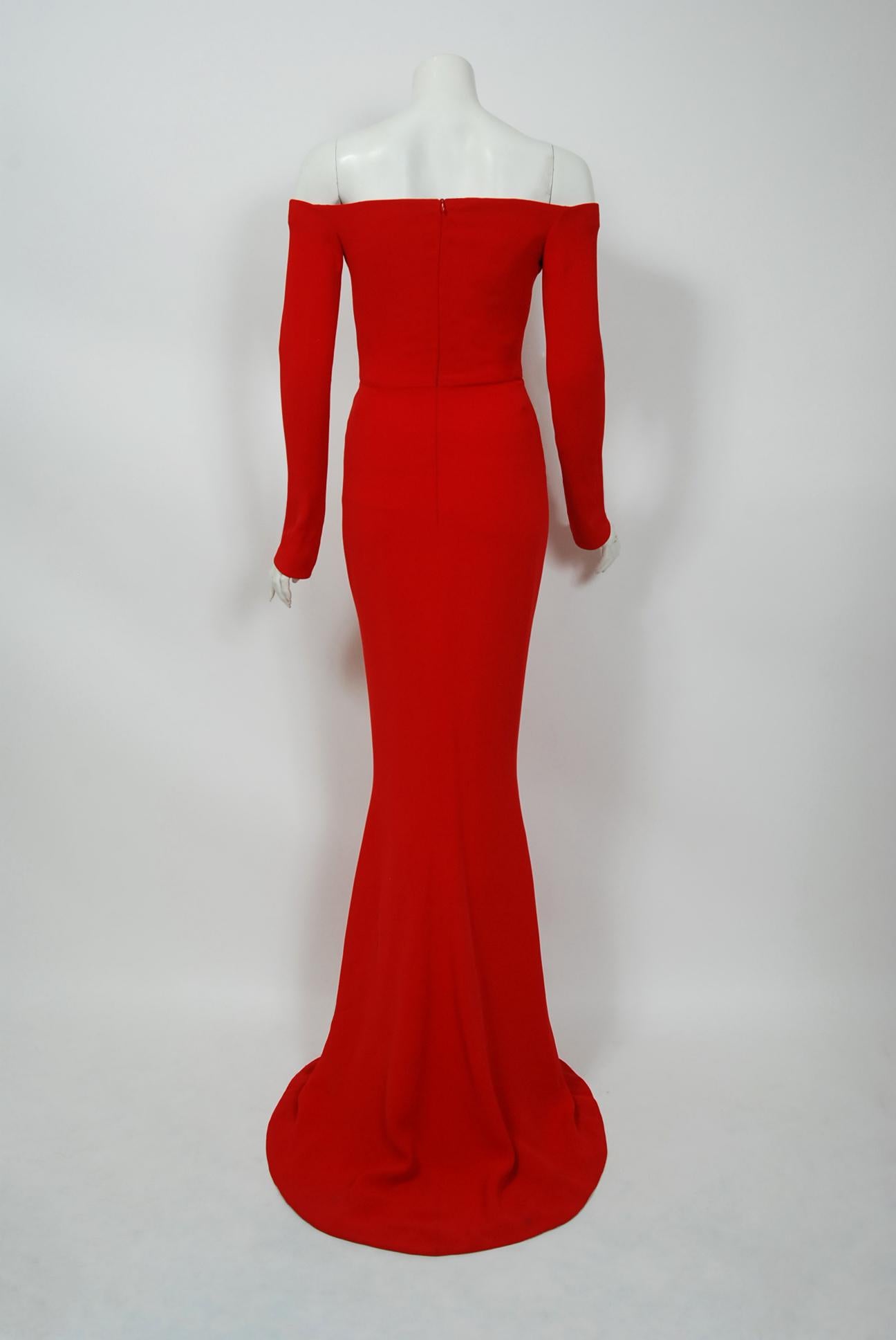 Women's Vintage 2004 Jean-Louis Scherrer Couture Red Silk Off-Shoulder Trained Gown