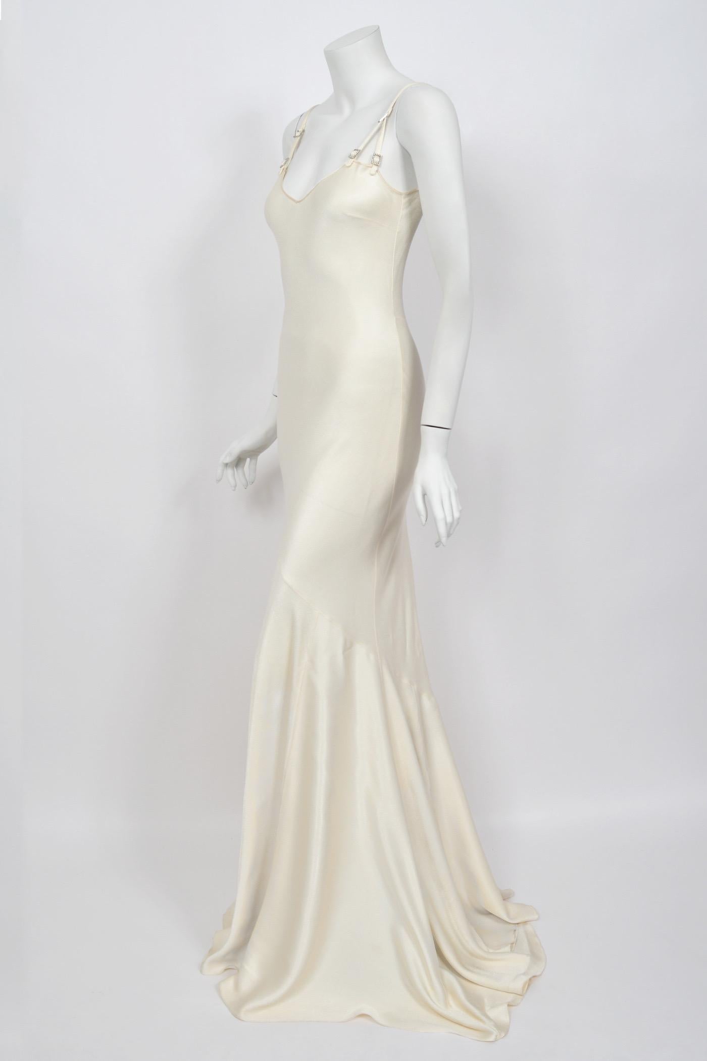 2004 John Galliano Ivory Satin Crystal Accented Bias-Cut Trained Bridal Gown For Sale 8