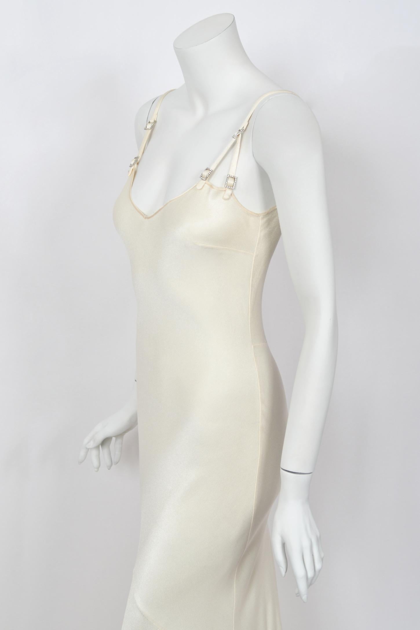 2004 John Galliano Ivory Satin Crystal Accented Bias-Cut Trained Bridal Gown For Sale 9