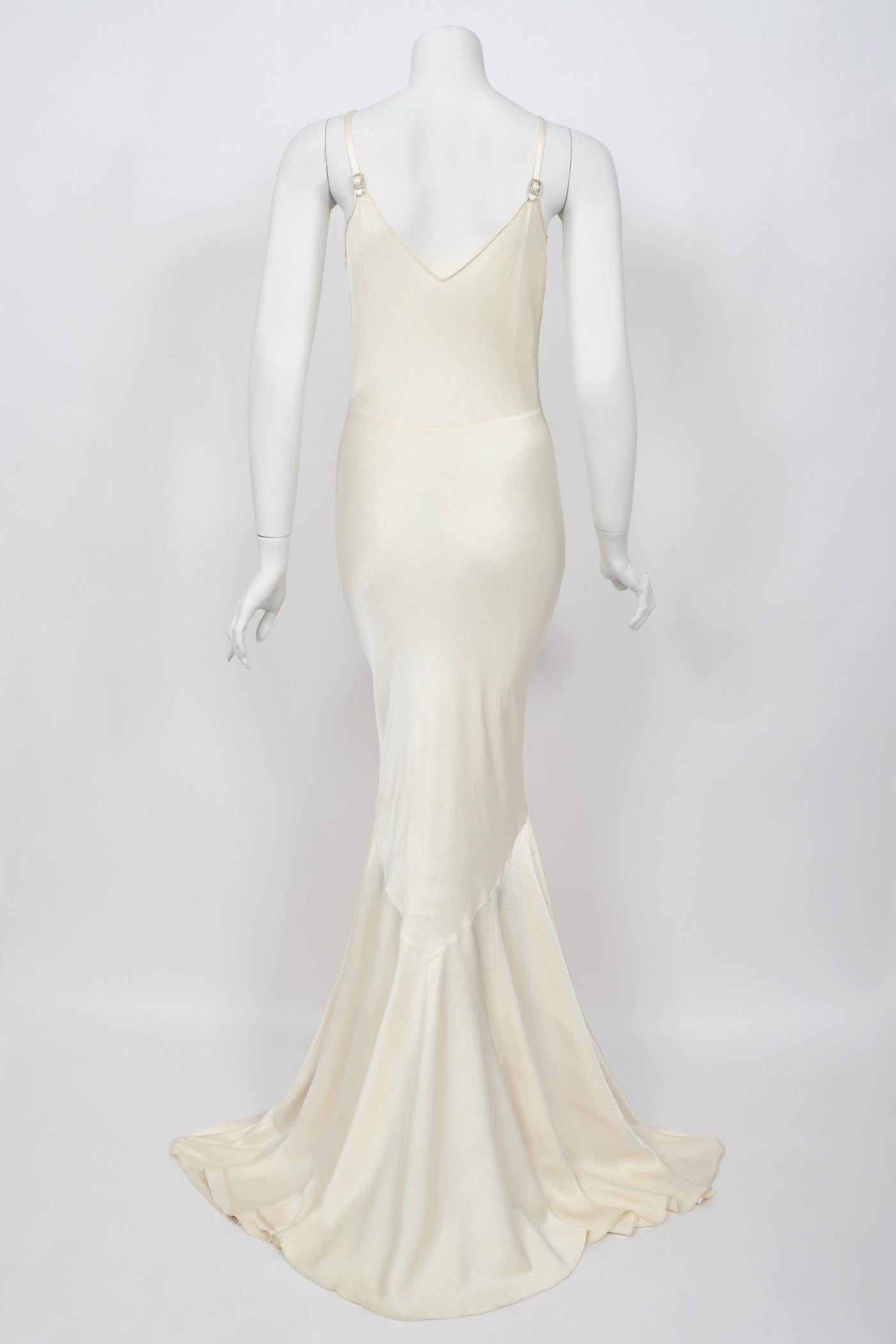 2004 John Galliano Ivory Satin Crystal Accented Bias-Cut Trained Bridal Gown For Sale 11
