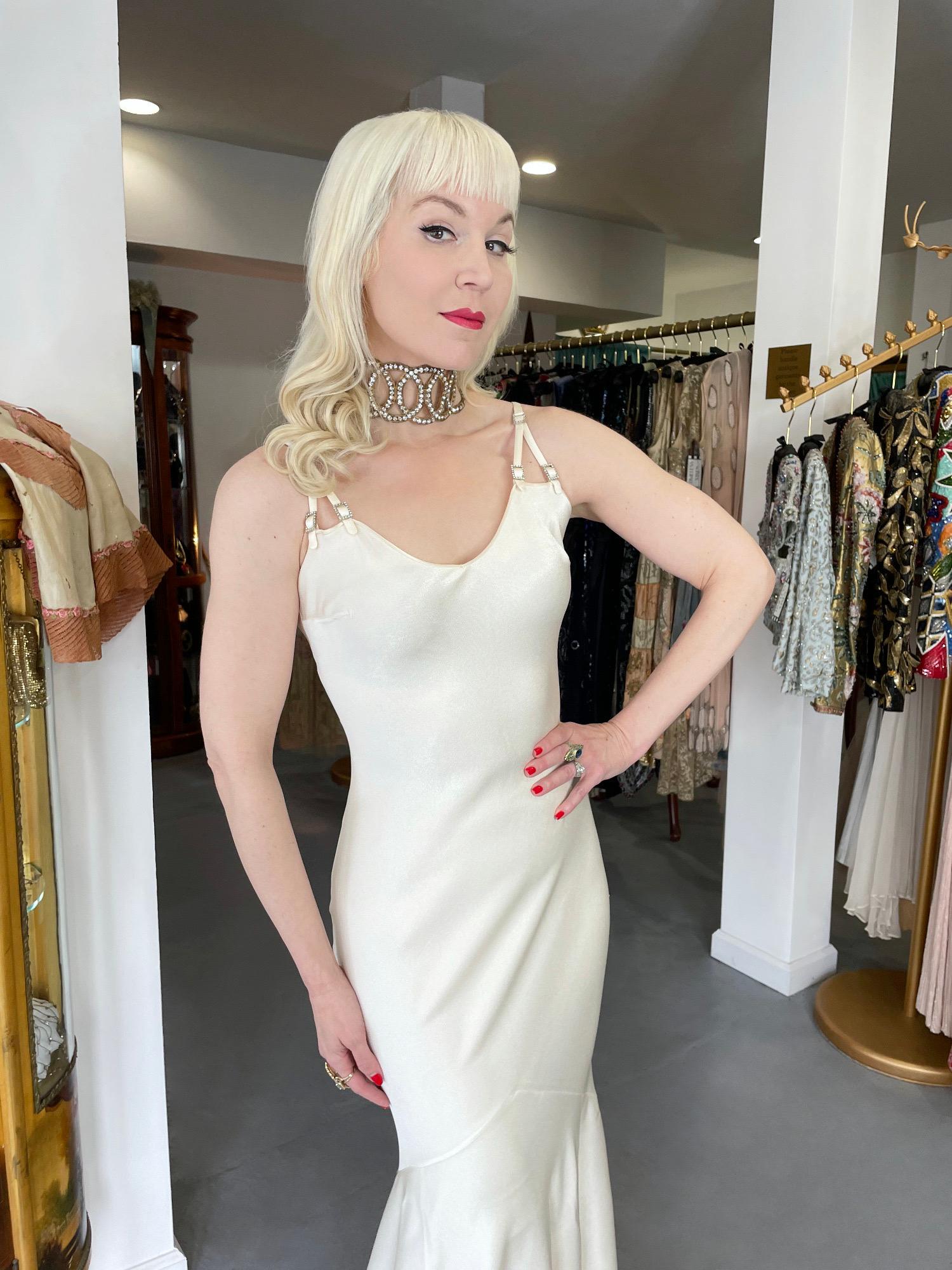 Beige 2004 John Galliano Ivory Satin Crystal Accented Bias-Cut Trained Bridal Gown For Sale