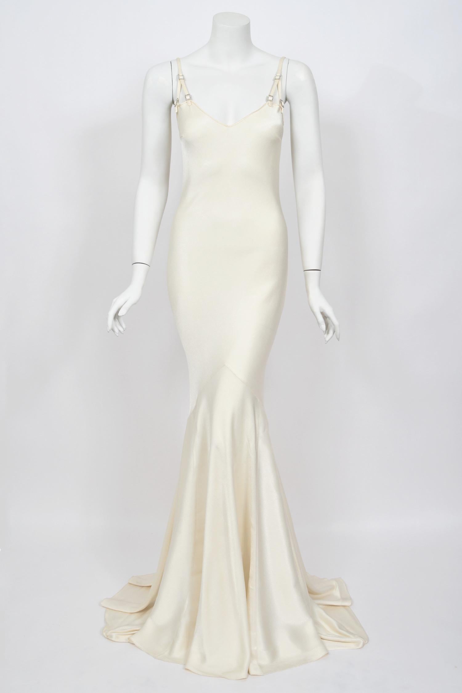 2004 John Galliano Ivory Satin Crystal Accented Bias-Cut Trained Bridal Gown For Sale 1