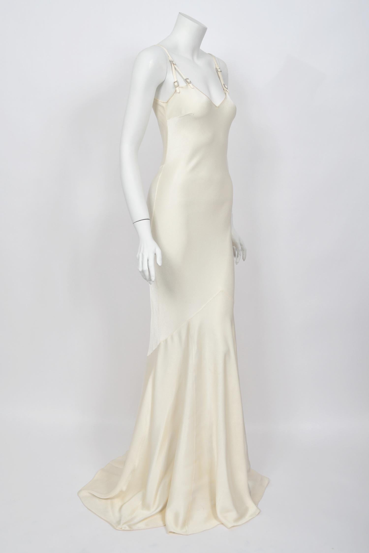 2004 John Galliano Ivory Satin Crystal Accented Bias-Cut Trained Bridal Gown For Sale 5