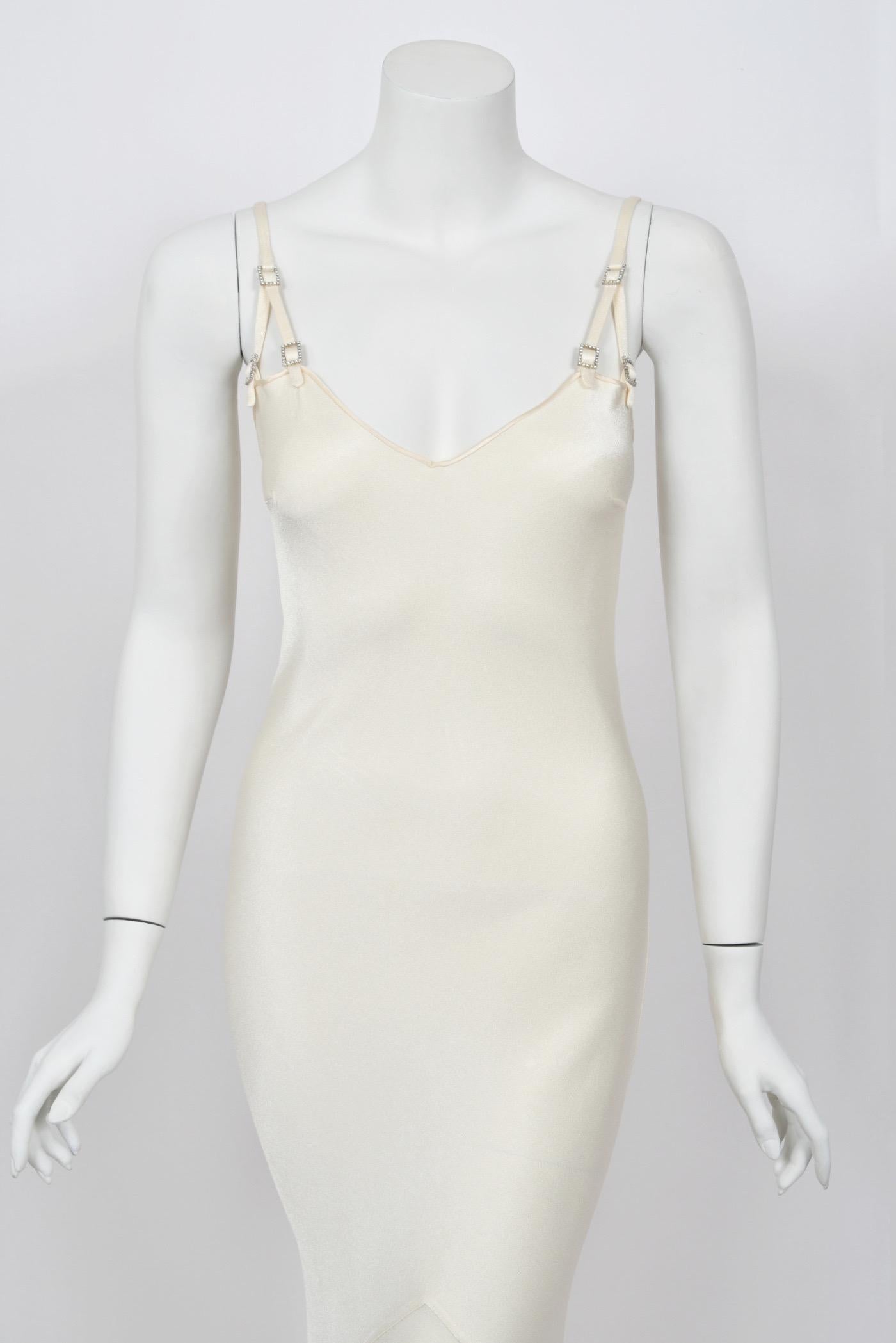 2004 John Galliano Ivory Satin Crystal Accented Bias-Cut Trained Bridal Gown For Sale 2