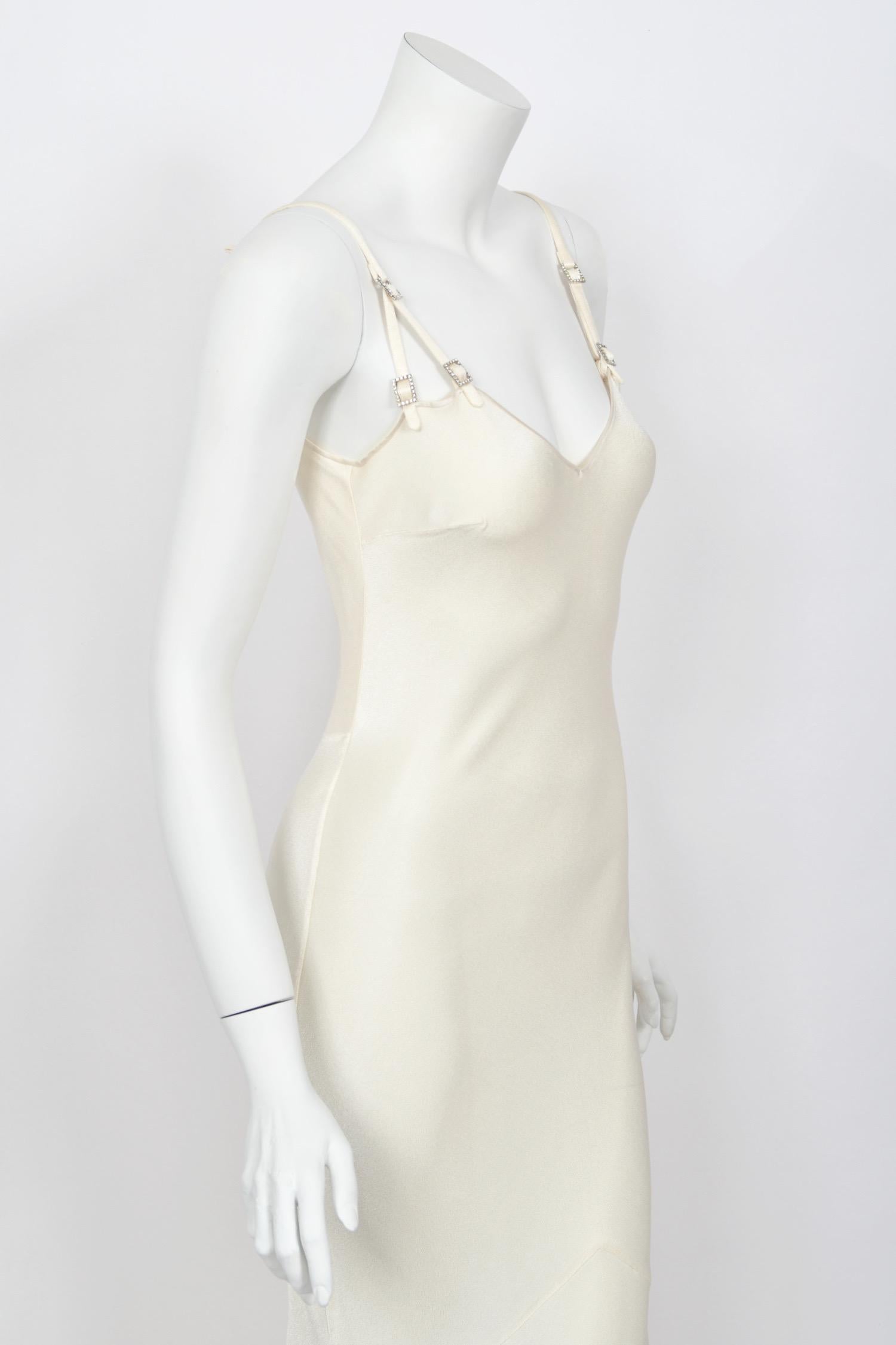 2004 John Galliano Ivory Satin Crystal Accented Bias-Cut Trained Bridal Gown For Sale 6