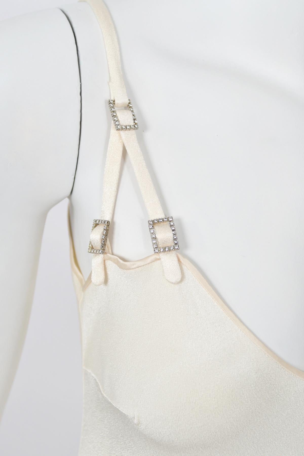 2004 John Galliano Ivory Satin Crystal Accented Bias-Cut Trained Bridal Gown For Sale 3
