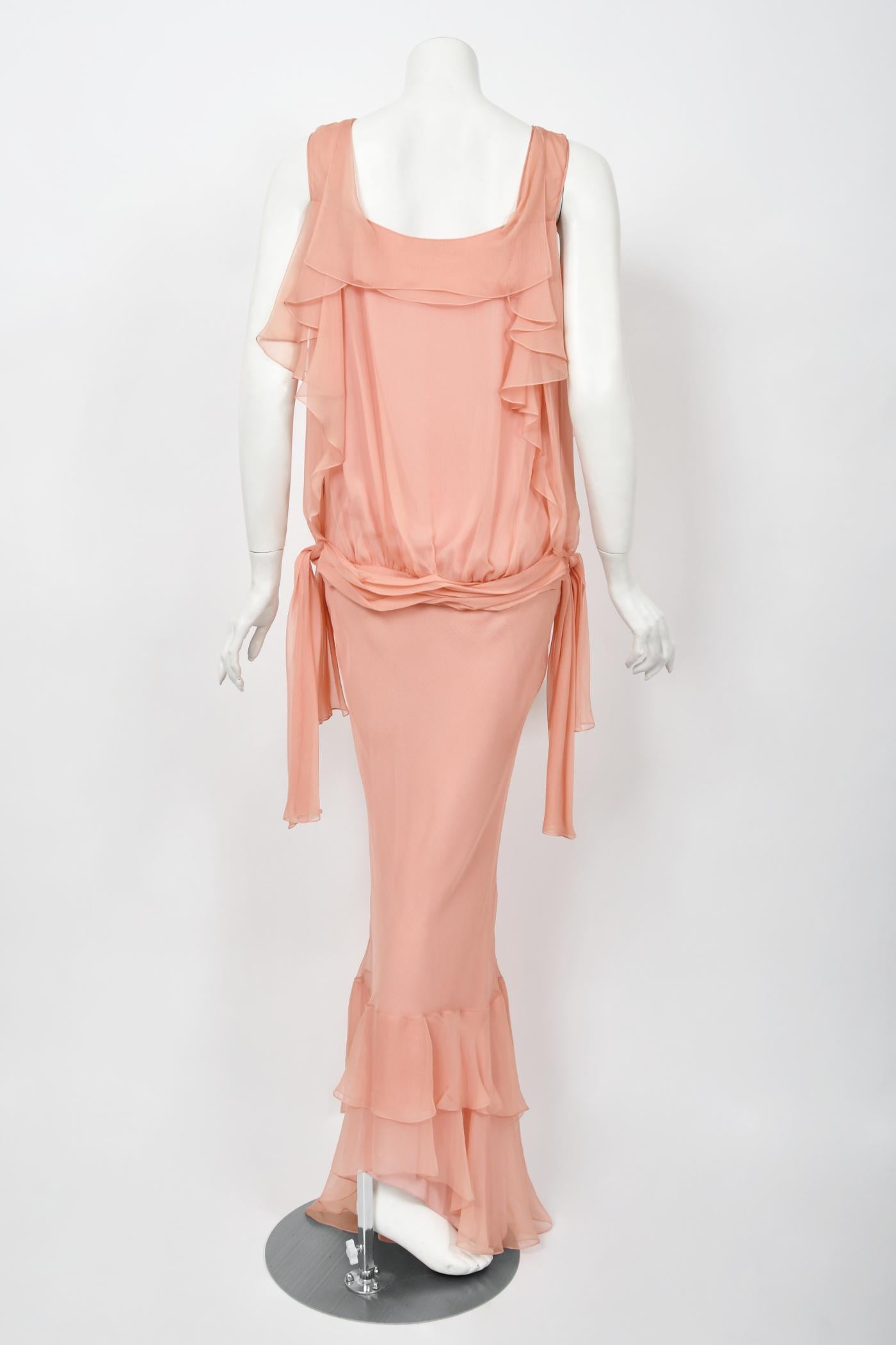2008 John Galliano Pale Pink Semi-Sheer Silk Chiffon Draped Ruffle Bias-Cut Gown 12