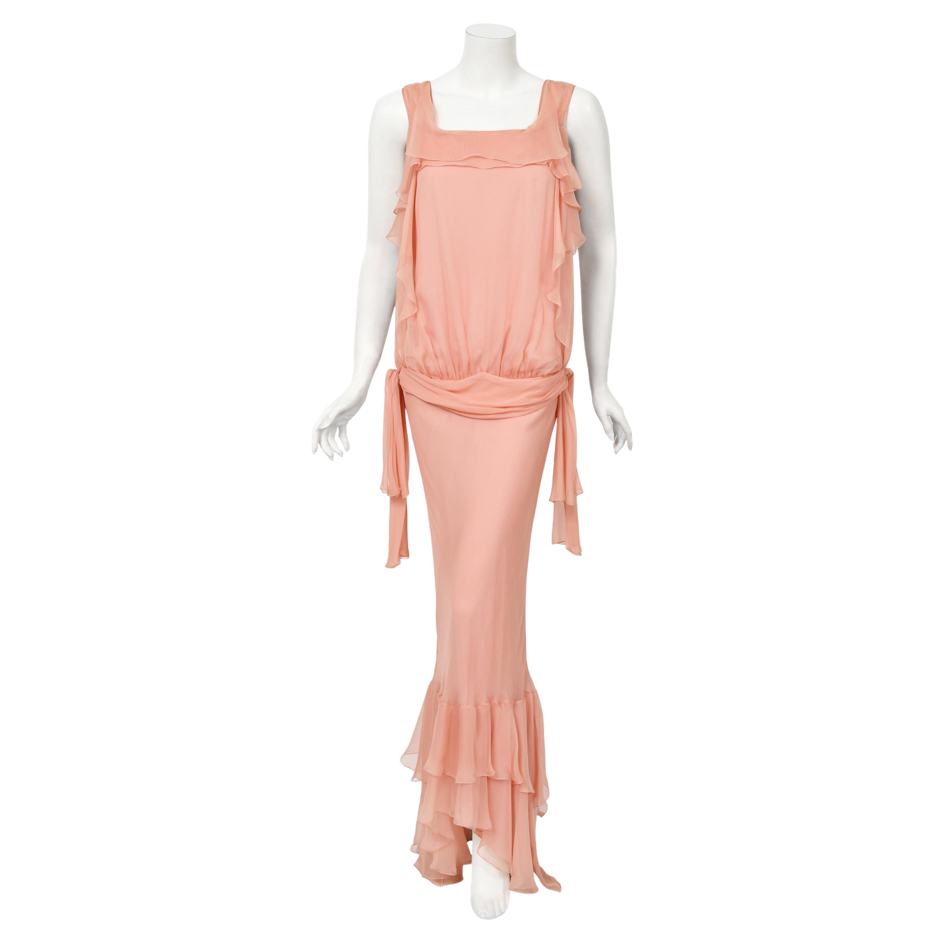 2008 John Galliano Pale Pink Semi-Sheer Silk Chiffon Draped Ruffle Bias-Cut Gown