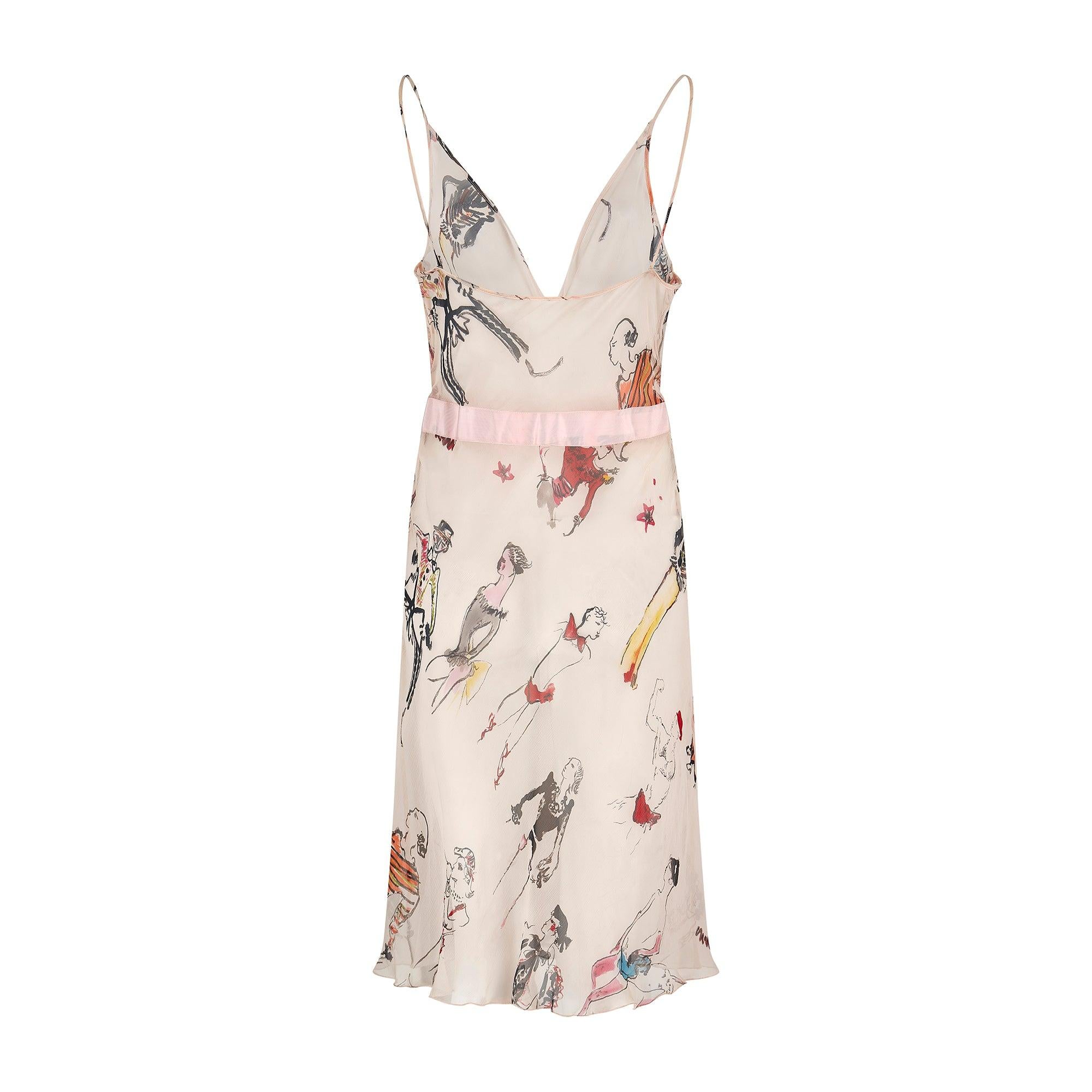 Beige 2004 Moschino Runway Documented Pink Silk Chiffon Novelty Print Dress For Sale