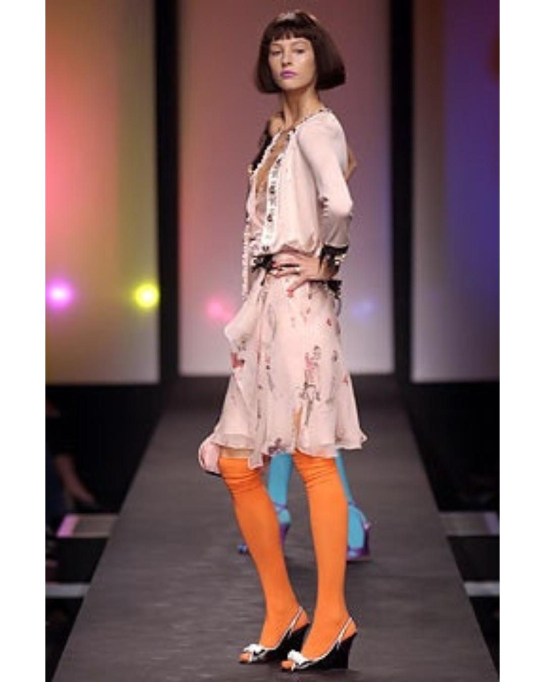 2004 Moschino Runway Documented Pink Silk Chiffon Novelty Print Dress For Sale 1