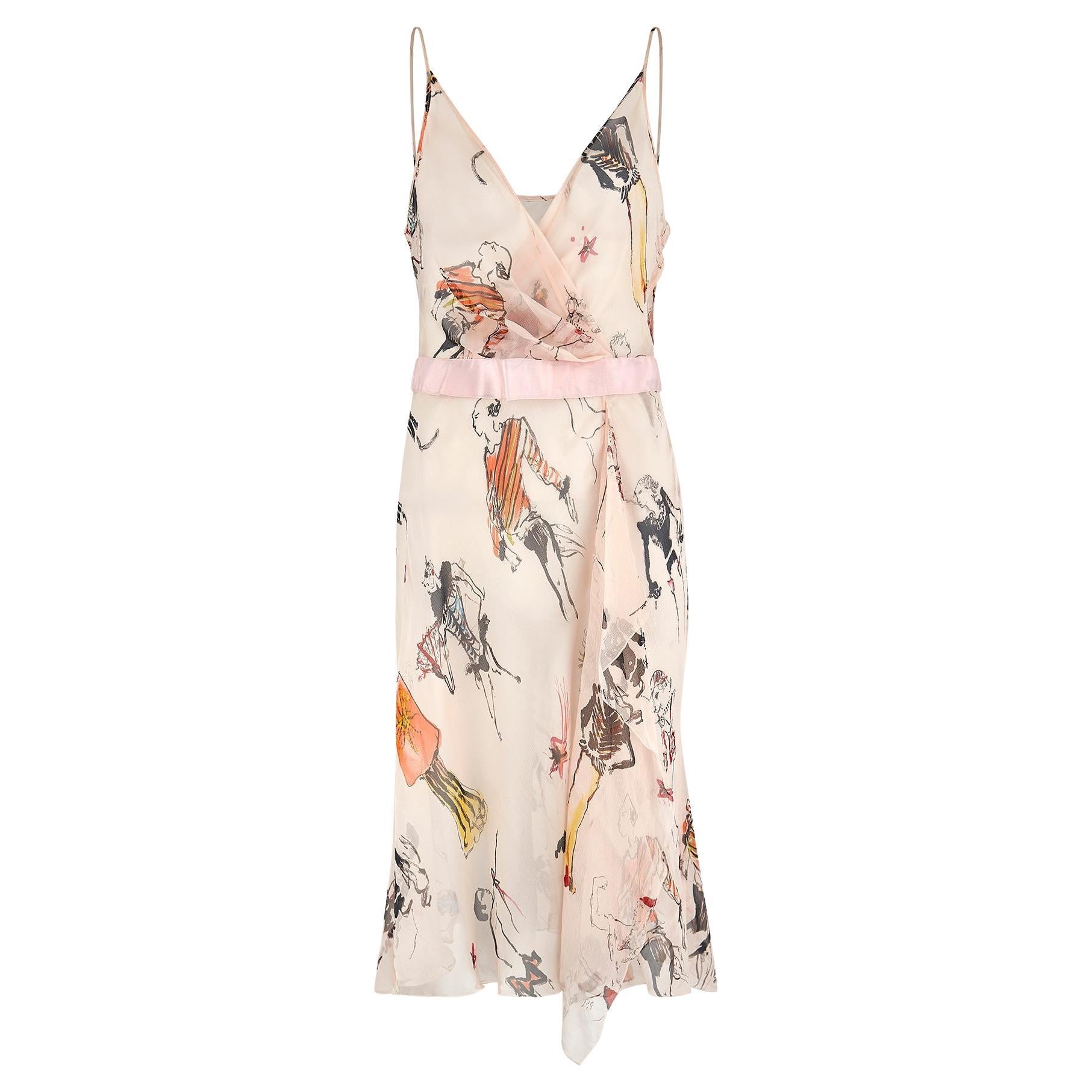 2004 Moschino Runway Documented Pink Silk Chiffon Novelty Print Dress For Sale