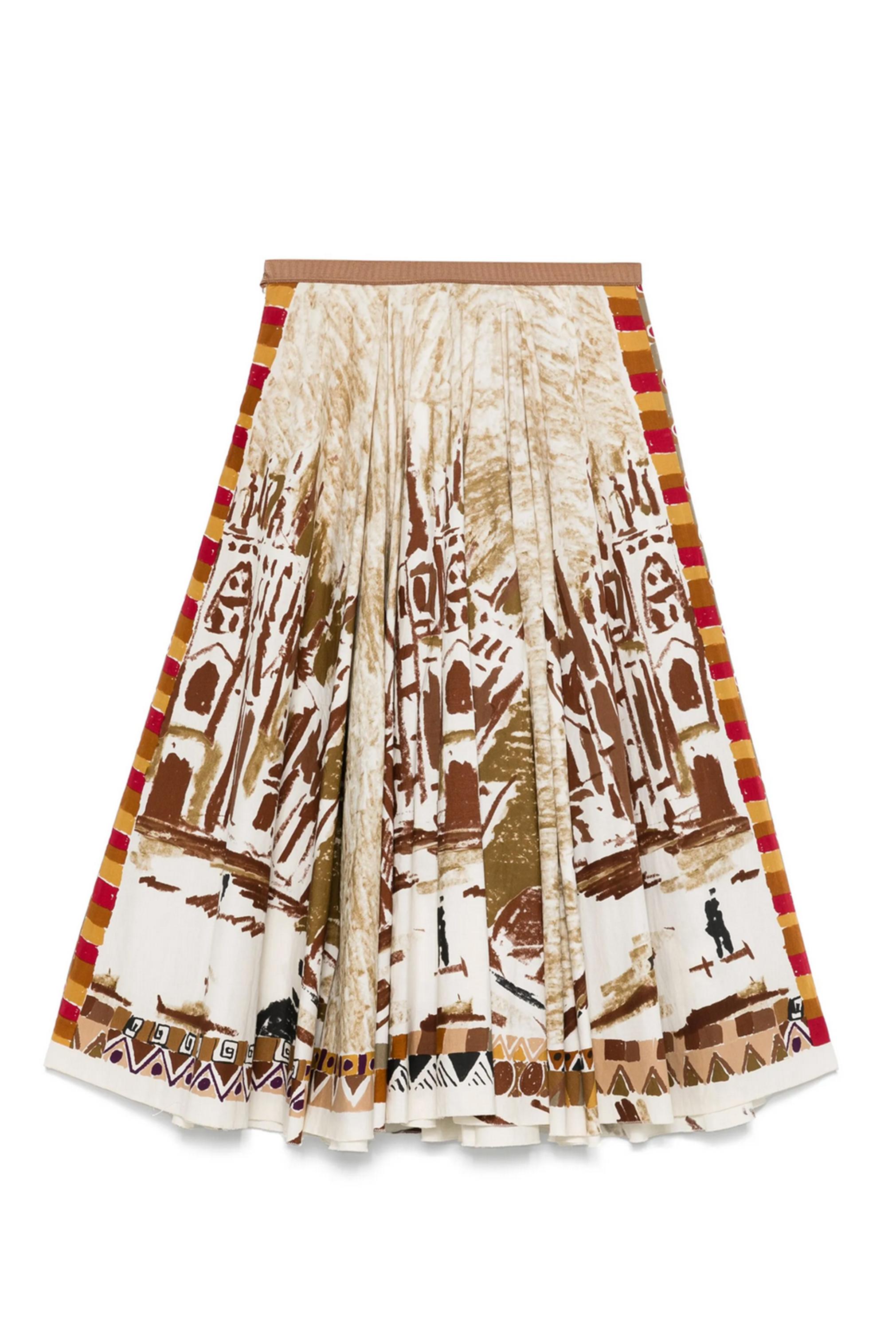 Gonna midi del 2004 di Prada con stampa di cartoline, forma a gonna a cerchio, elastico alla cintura, apertura laterale con cerniera, stampa iconica a piacimento. 
Composizione: 100% Coton
Circa primavera 2004 (immagine della passerella
