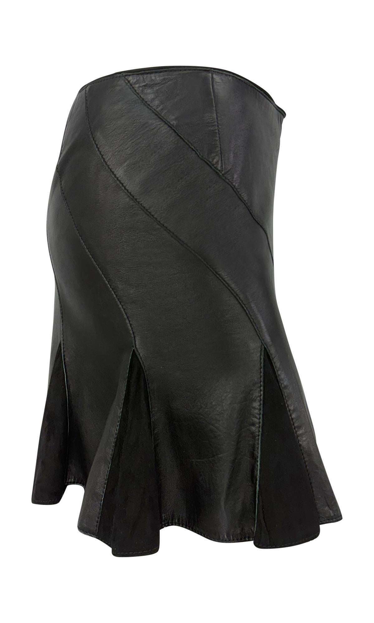 2004 Roberto Cavalli Black Leather Suede Panel Flare Super Mini Skirt In Excellent Condition In West Hollywood, CA