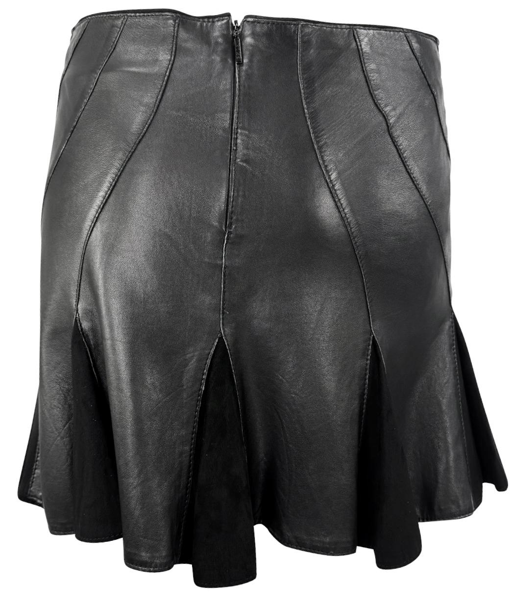 Women's 2004 Roberto Cavalli Black Leather Suede Panel Flare Super Mini Skirt