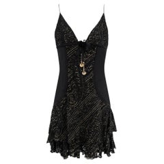 2004 Roberto Cavalli Black Silk Gold Charm Devoré Ruffled Mini Slip Dress