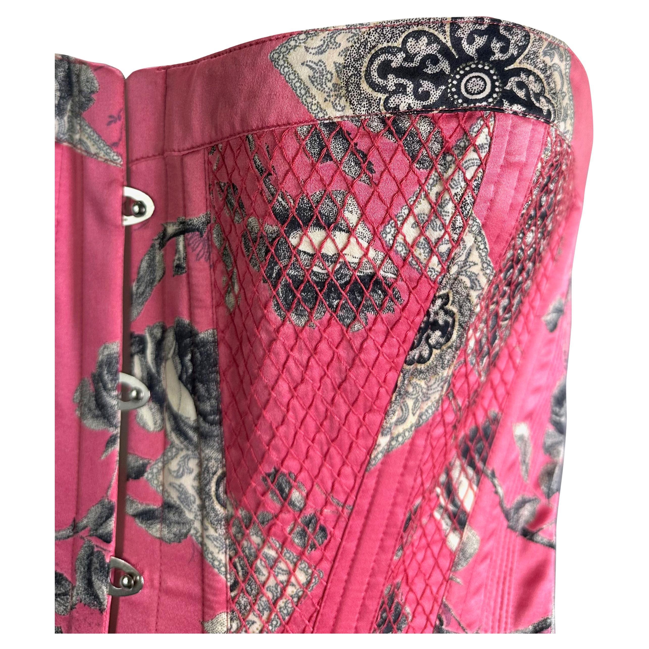 2004 Roberto Cavalli Rosa geblümtes gestepptes Korsett-Bustier-Top aus Seide mit Schnürung (Pink) im Angebot