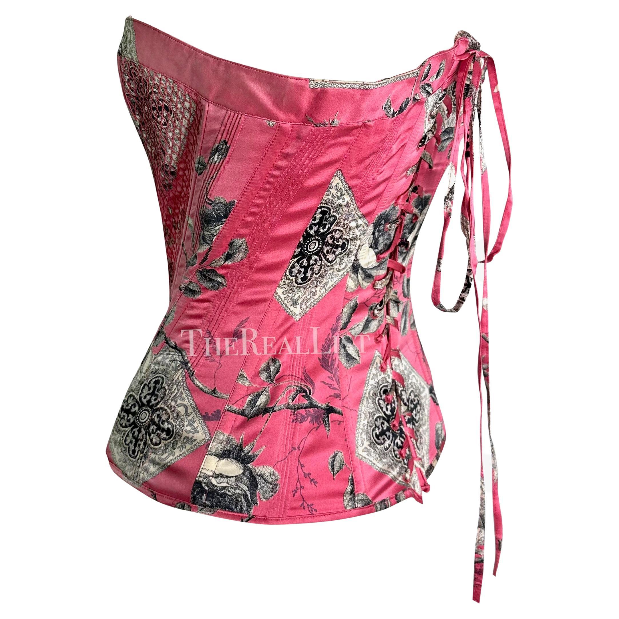 2004 Roberto Cavalli Pink Floral Quilted Silk Lace-Up Corset Bustier Top In Good Condition For Sale In West Hollywood, CA