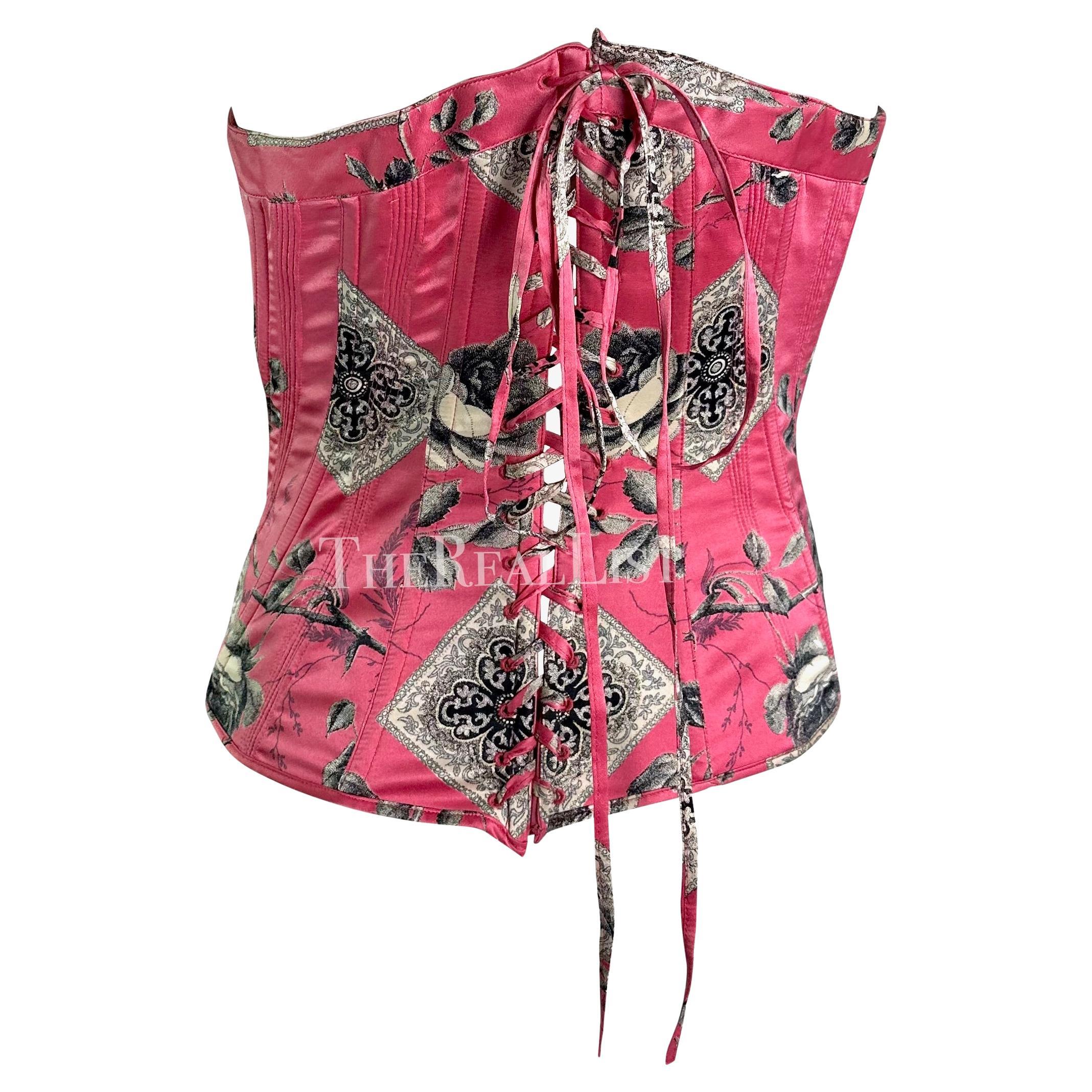 Women's 2004 Roberto Cavalli Pink Floral Quilted Silk Lace-Up Corset Bustier Top For Sale
