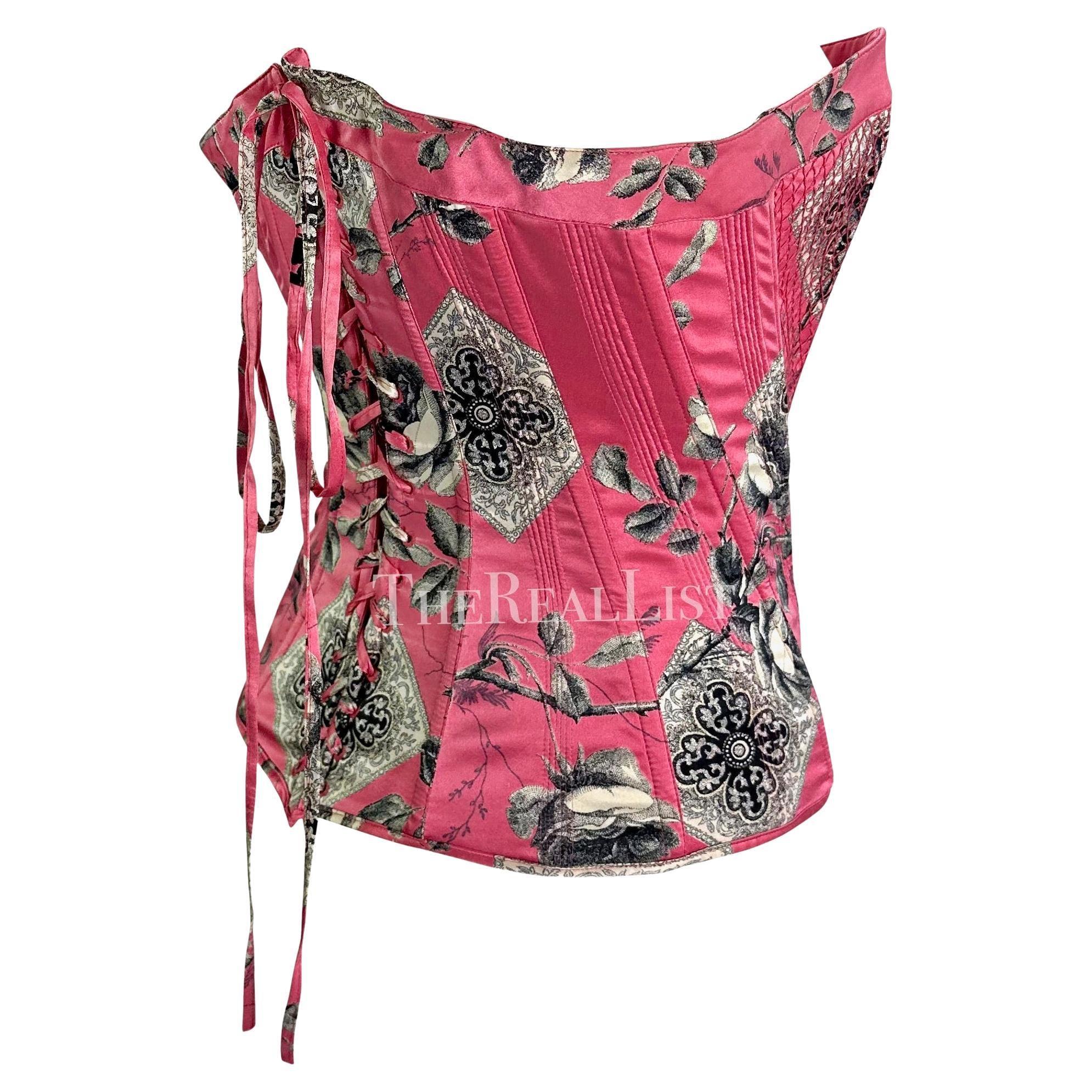 2004 Roberto Cavalli Rosa geblümtes gestepptes Korsett-Bustier-Top aus Seide mit Schnürung im Angebot 2