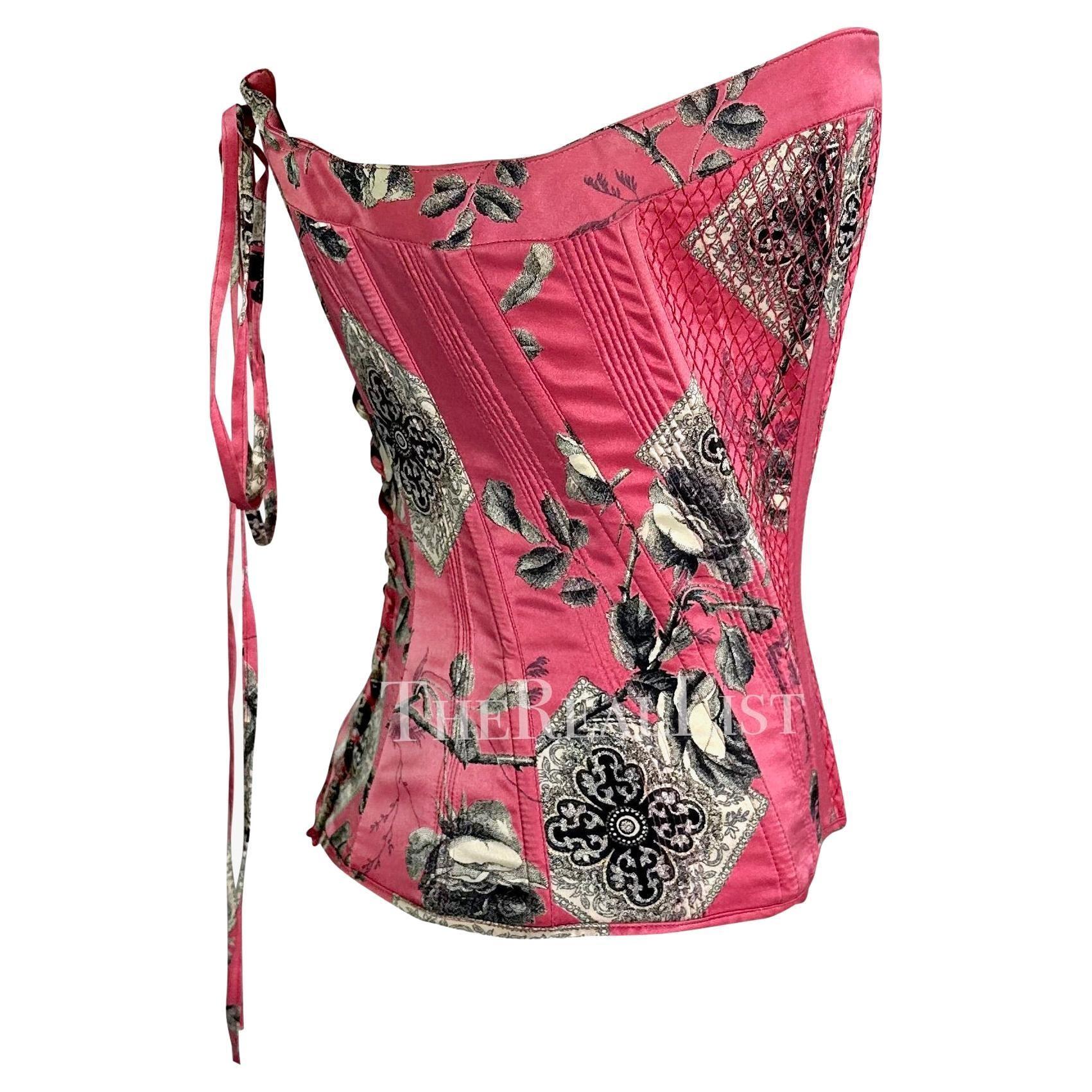 2004 Roberto Cavalli Rosa geblümtes gestepptes Korsett-Bustier-Top aus Seide mit Schnürung im Angebot 3