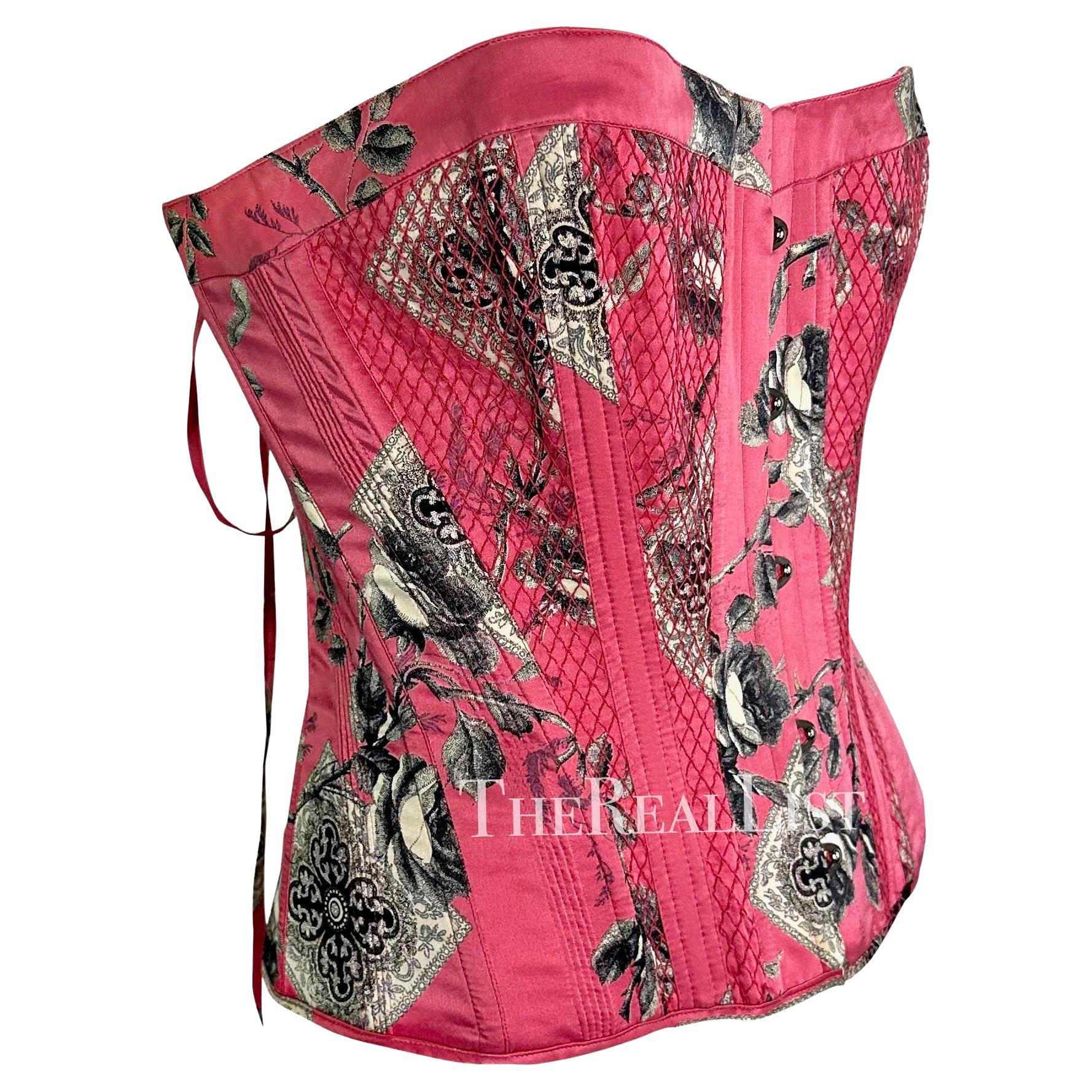 2004 Roberto Cavalli Pink Floral Quilted Silk Lace-Up Corset Bustier Top For Sale 3