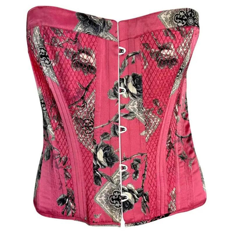 2004 Roberto Cavalli - Top bustier in seta trapuntato floreale rosa con pizzo - Bustier