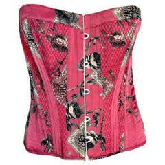 2004 Roberto Cavalli - Top bustier in seta trapuntato floreale rosa con pizzo - Bustier