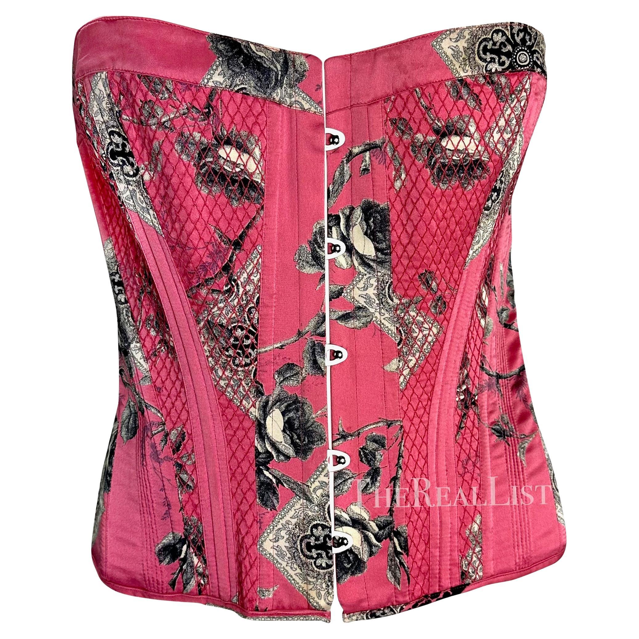 2004 Roberto Cavalli Pink Floral Quilted Silk Lace-Up Corset Bustier Top For Sale
