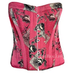 2004 Roberto Cavalli Pink Floral Quilted Silk Lace-Up Corset Bustier Top