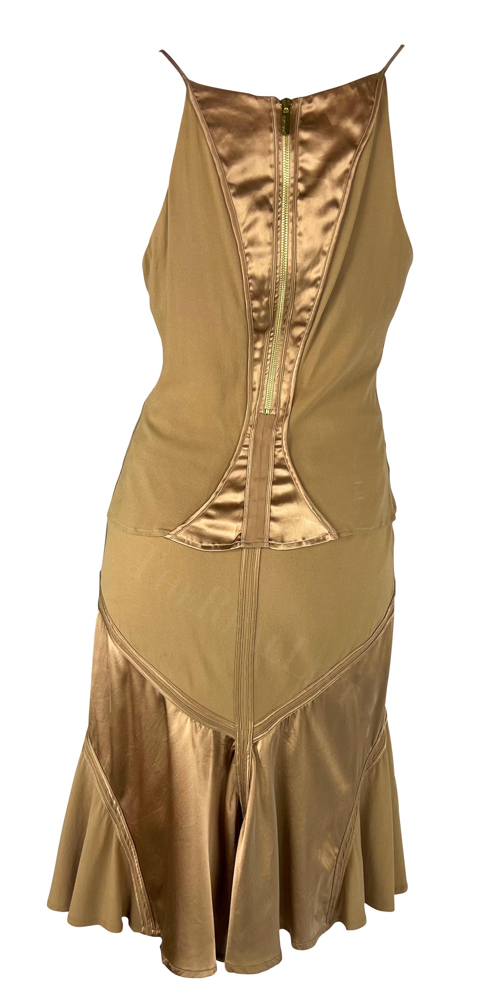 2004 Roberto Cavalli Tan Y2K Satin Panel Cami Tank Skirt Set In Excellent Condition For Sale In West Hollywood, CA
