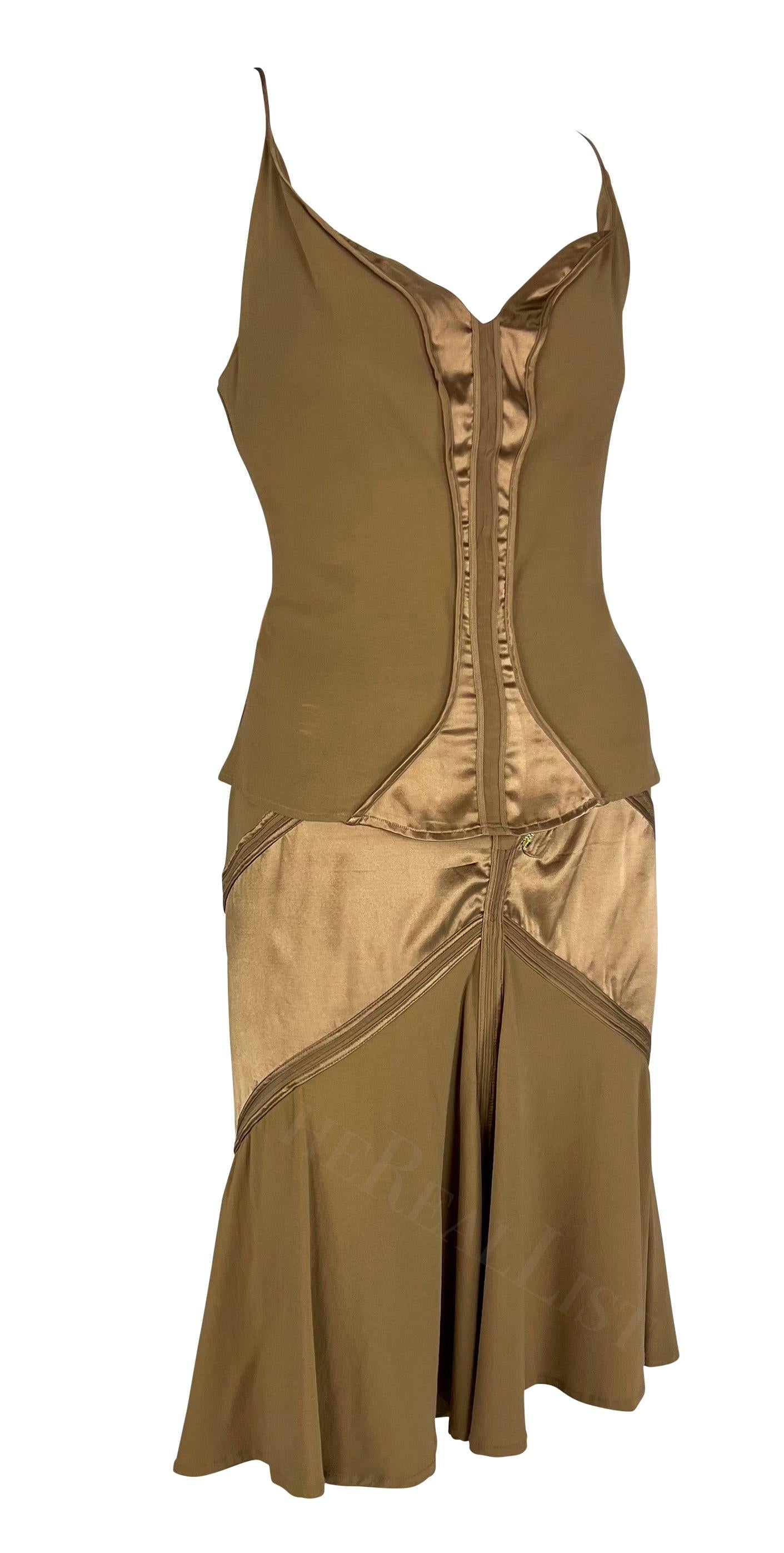 2004 Roberto Cavalli Tan Y2K Satin Panel Cami Tank Skirt Set In Excellent Condition For Sale In West Hollywood, CA