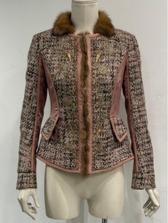 2004 Roberto Cavalli tweed leather fur trim jacket