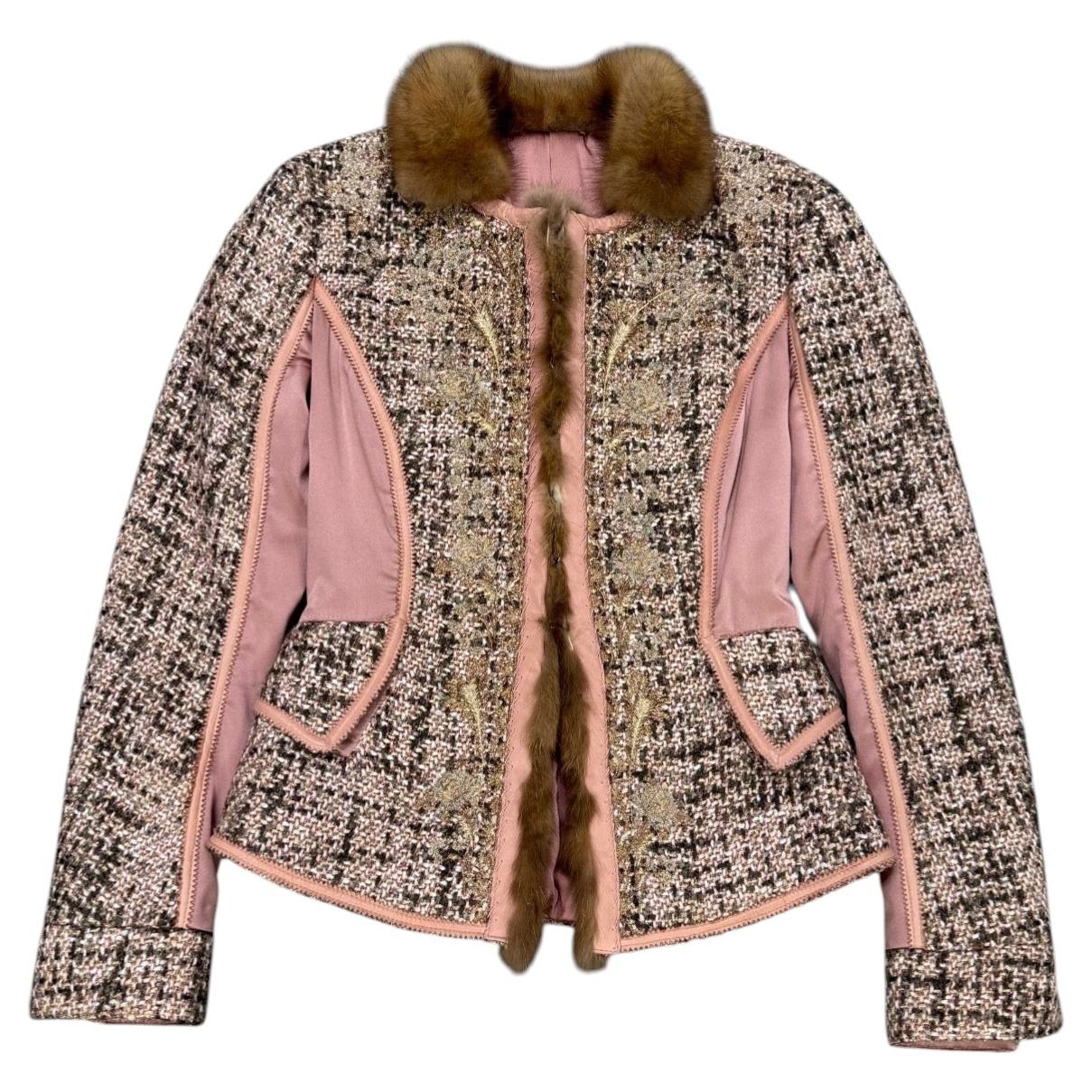 Pre-owned Roberto Cavalli 2004  Tweed Leather Fur Trim Jacket In Brown