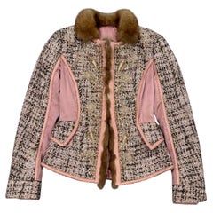 2004 Roberto Cavalli tweed leather fur trim jacket